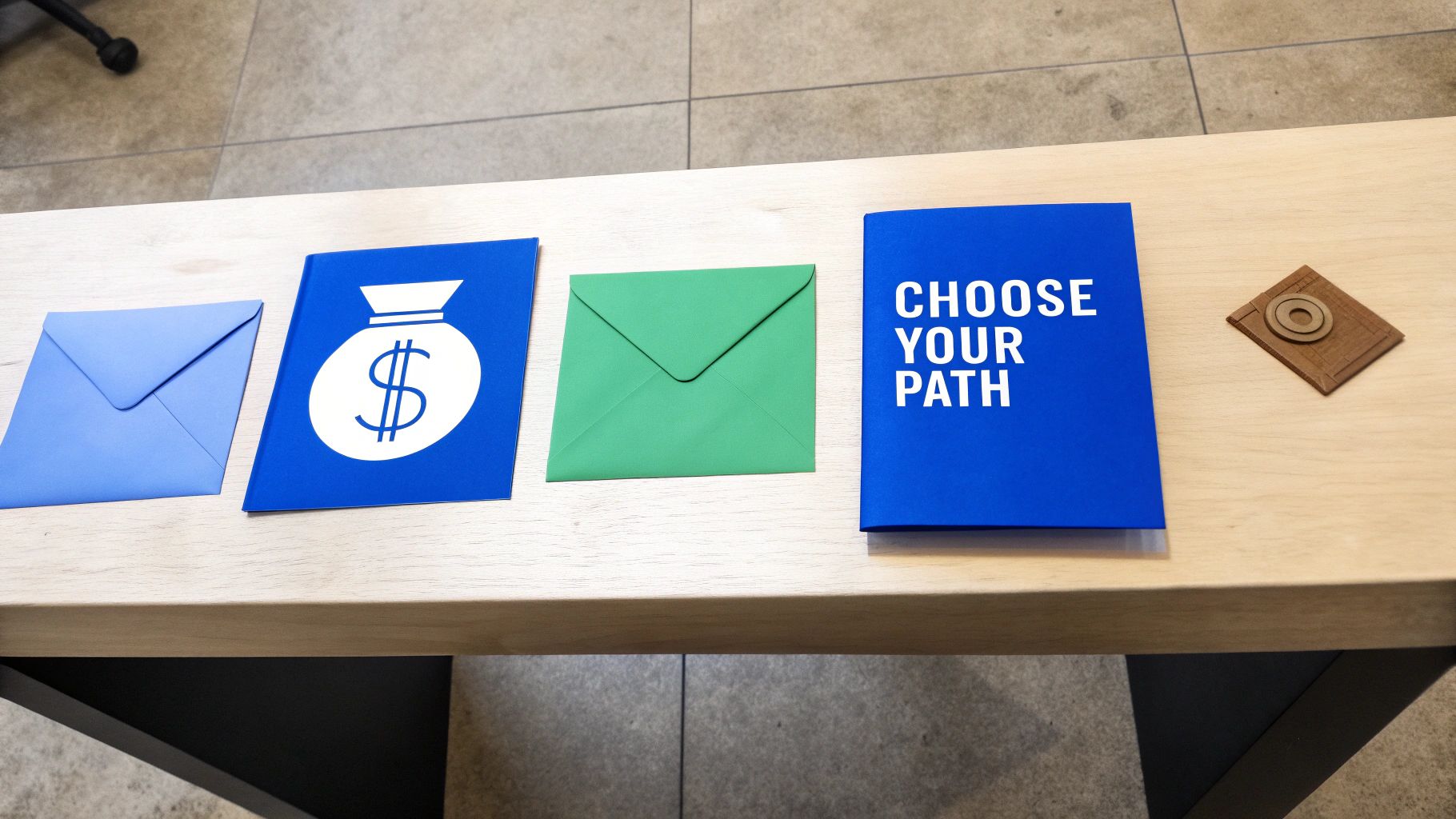 Various envelopes, a money bag symbol, and a 'Choose Your Path' booklet on a wooden table.