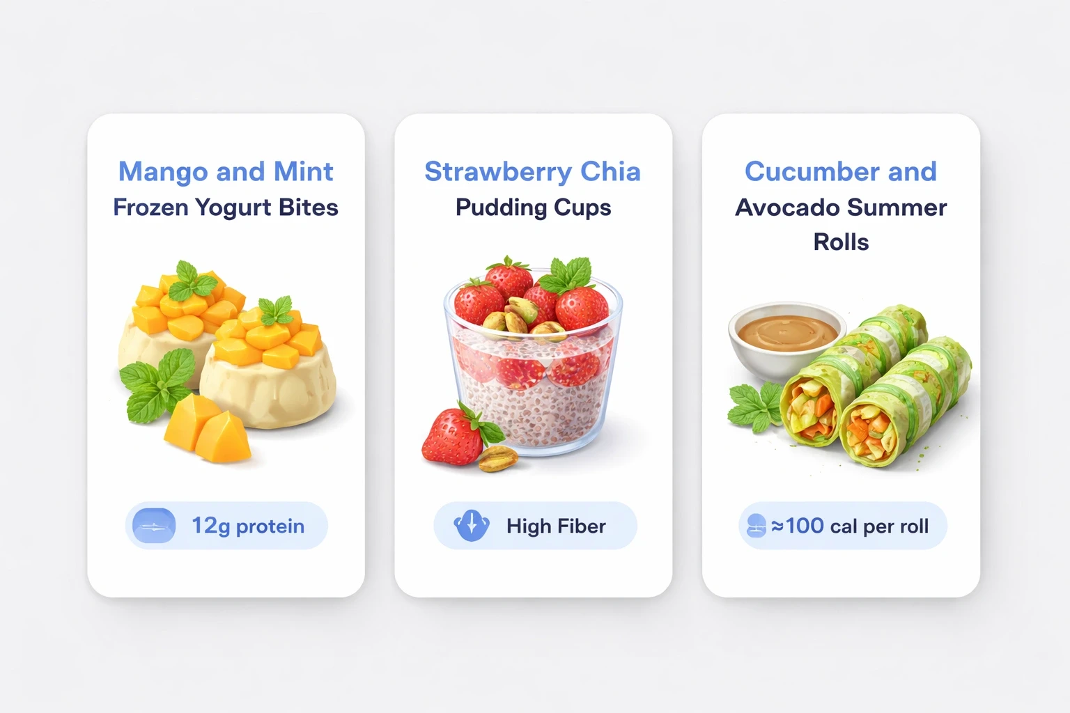 Three modern recipe cards on a light gray background, each showing a different fresh snack: mango and mint frozen yogurt bites, strawberry chia pudding cups, and cucumber‑avocado summer rolls, with accent blue headings and icons.