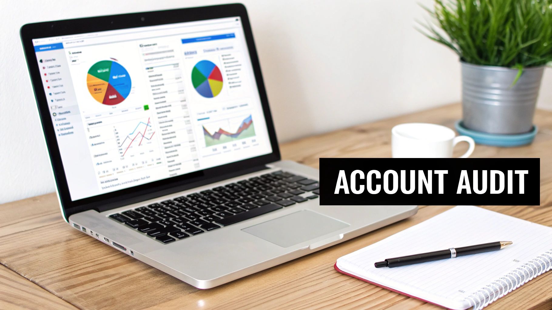 Laptop displaying financial charts and graphs, notebook with a pen, and 'ACCOUNT AUDIT' text.