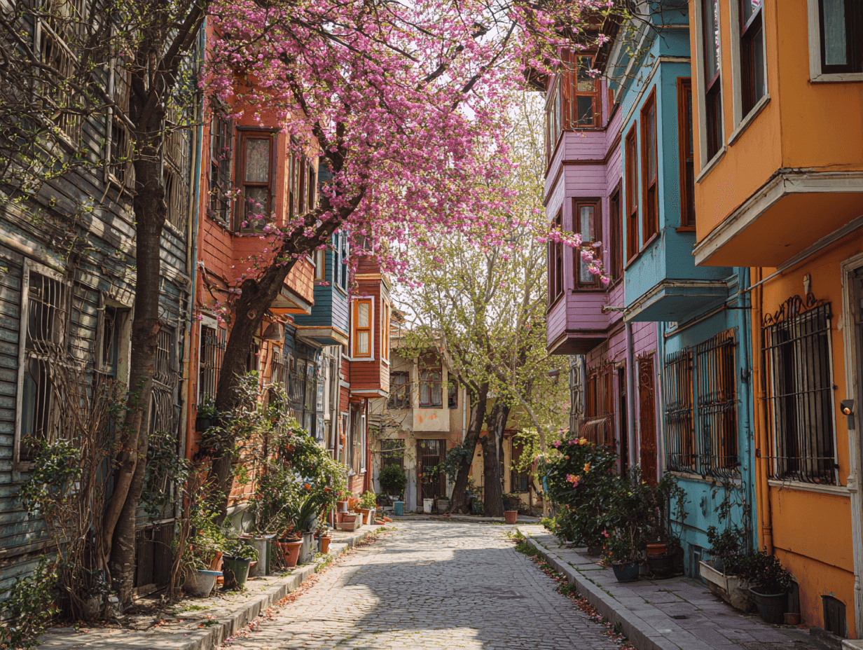 Traditional wooden houses in Arnavutköy near the Bosphorus during spring in Istanbul.