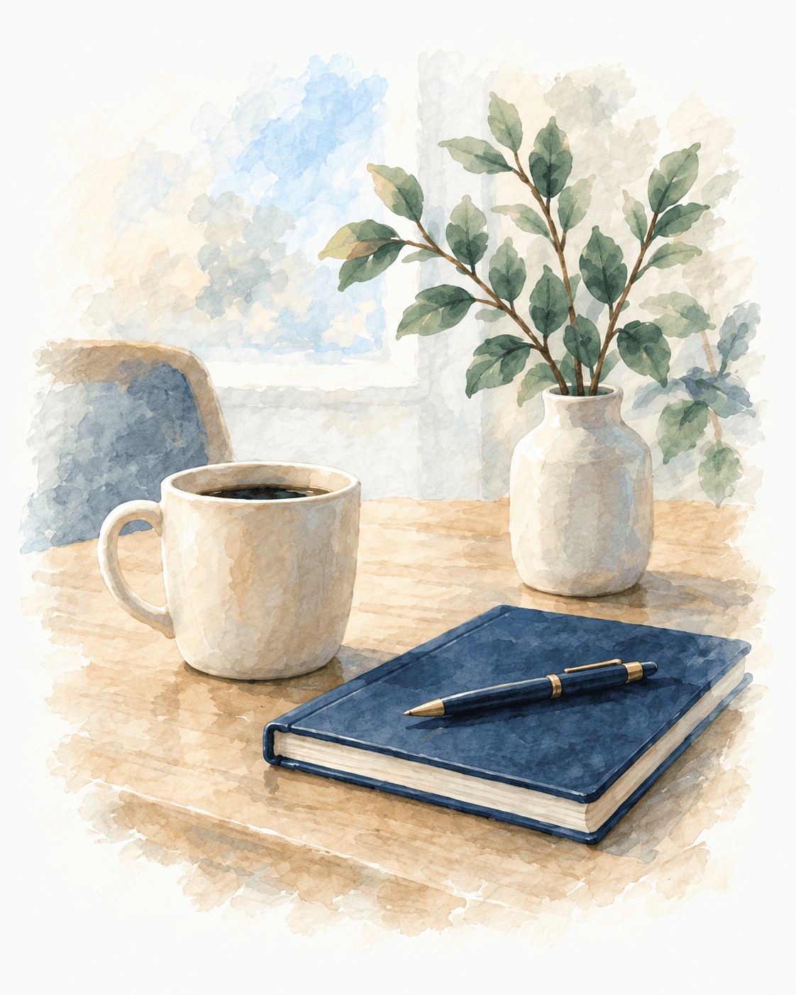 Coffee mug, notebook and plant on a table