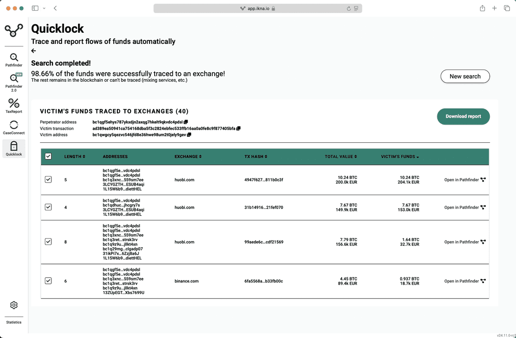 QuickLock blockchain forensics tool automating transaction tracing and detailed cryptoasset money flow reports, boosting investigation efficiency.