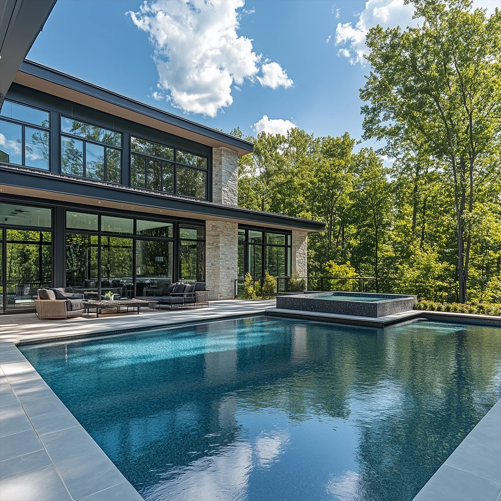 Covered outdoor kitchen and lounge beside a pool