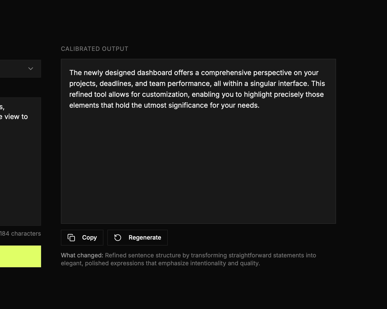 Calibr rewriter showing a product description rewritten in the Maison brand voice — refined, measured, and sophisticated output