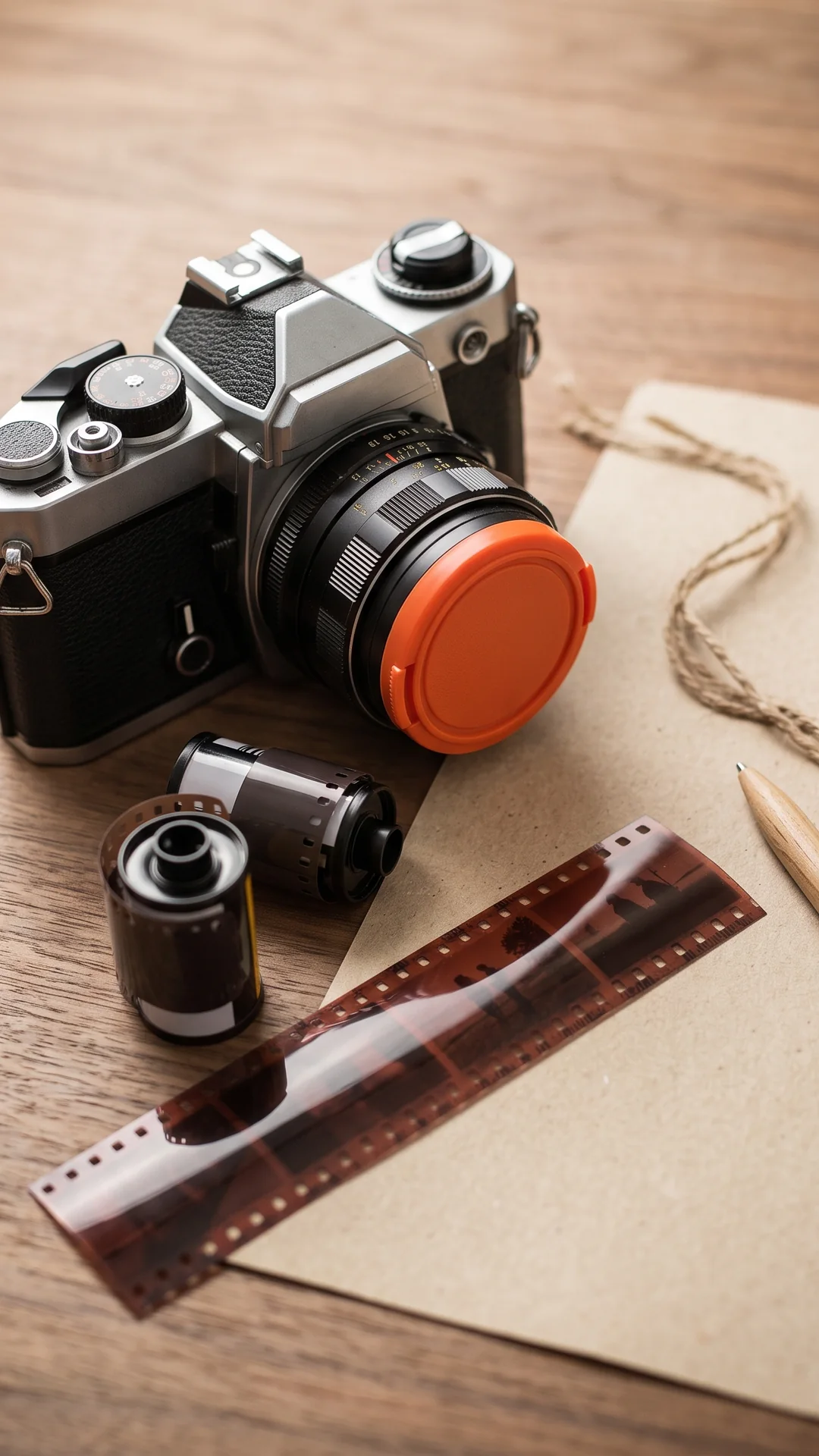 A film camera with rolls of film on kraft paper