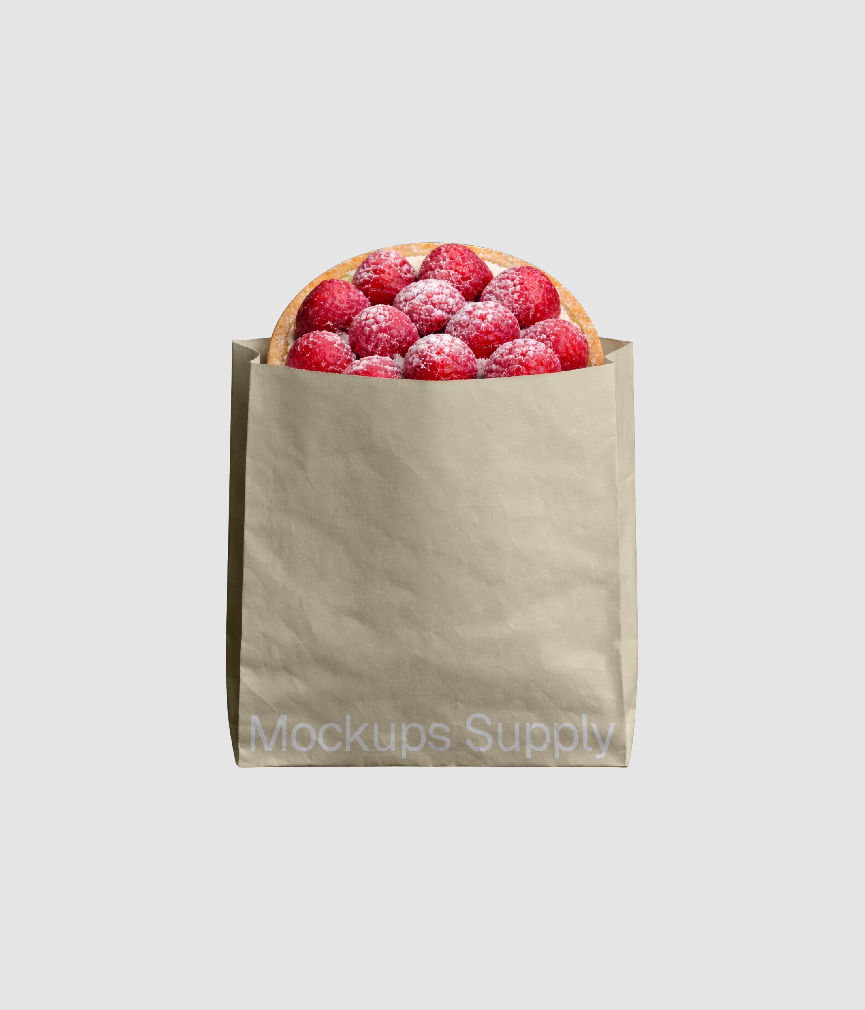 Raspberry tart bakery packaging mockup PSD showing dessert branding presentation in paper bag