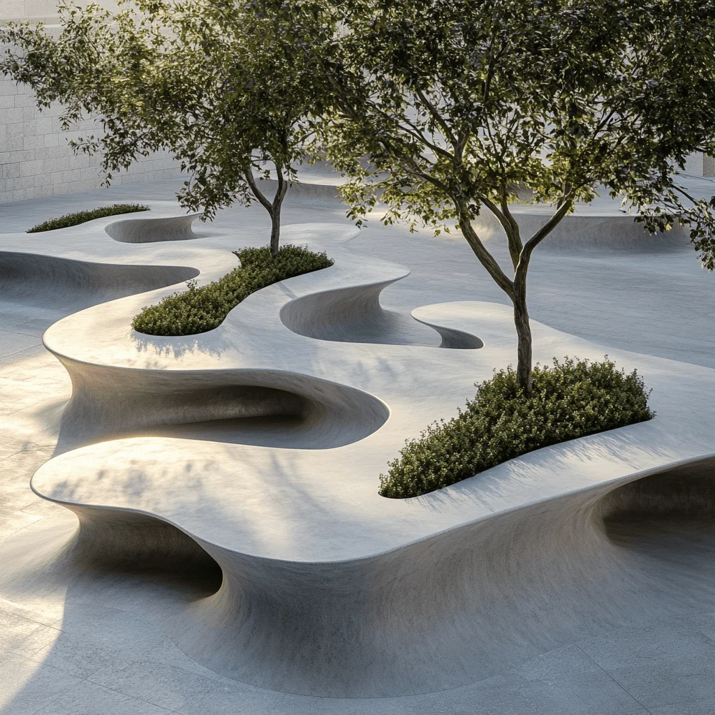 Sculptural white concrete Topological Landscape Benches curve around planted trees in a paved courtyard