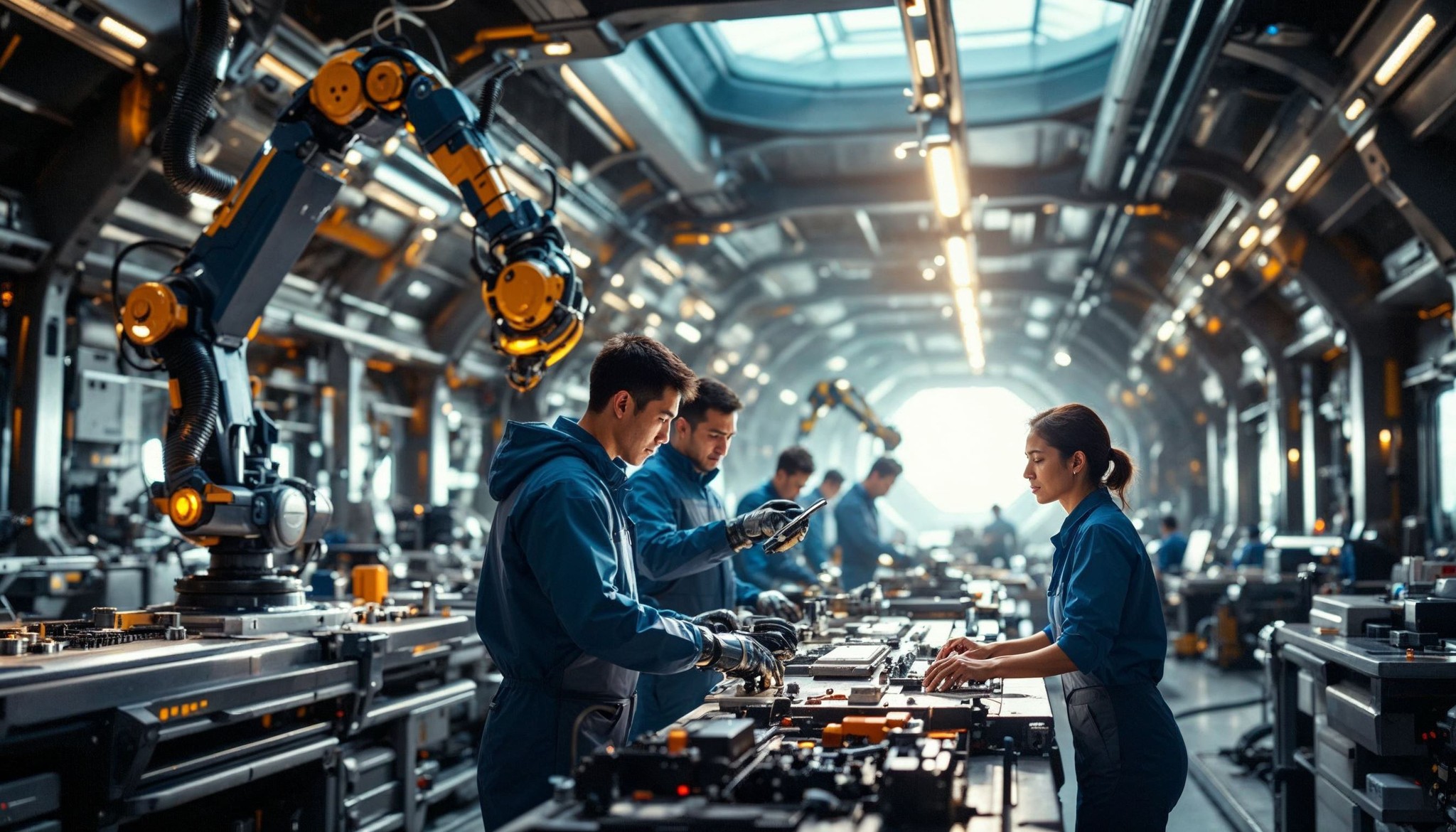 A modern factory with people assembling components on a conveyor belt. Robotic arms assist workers as they focus on tasks, surrounded by machinery and technology, under bright overhead lighting in a spacious, high-tech environment.