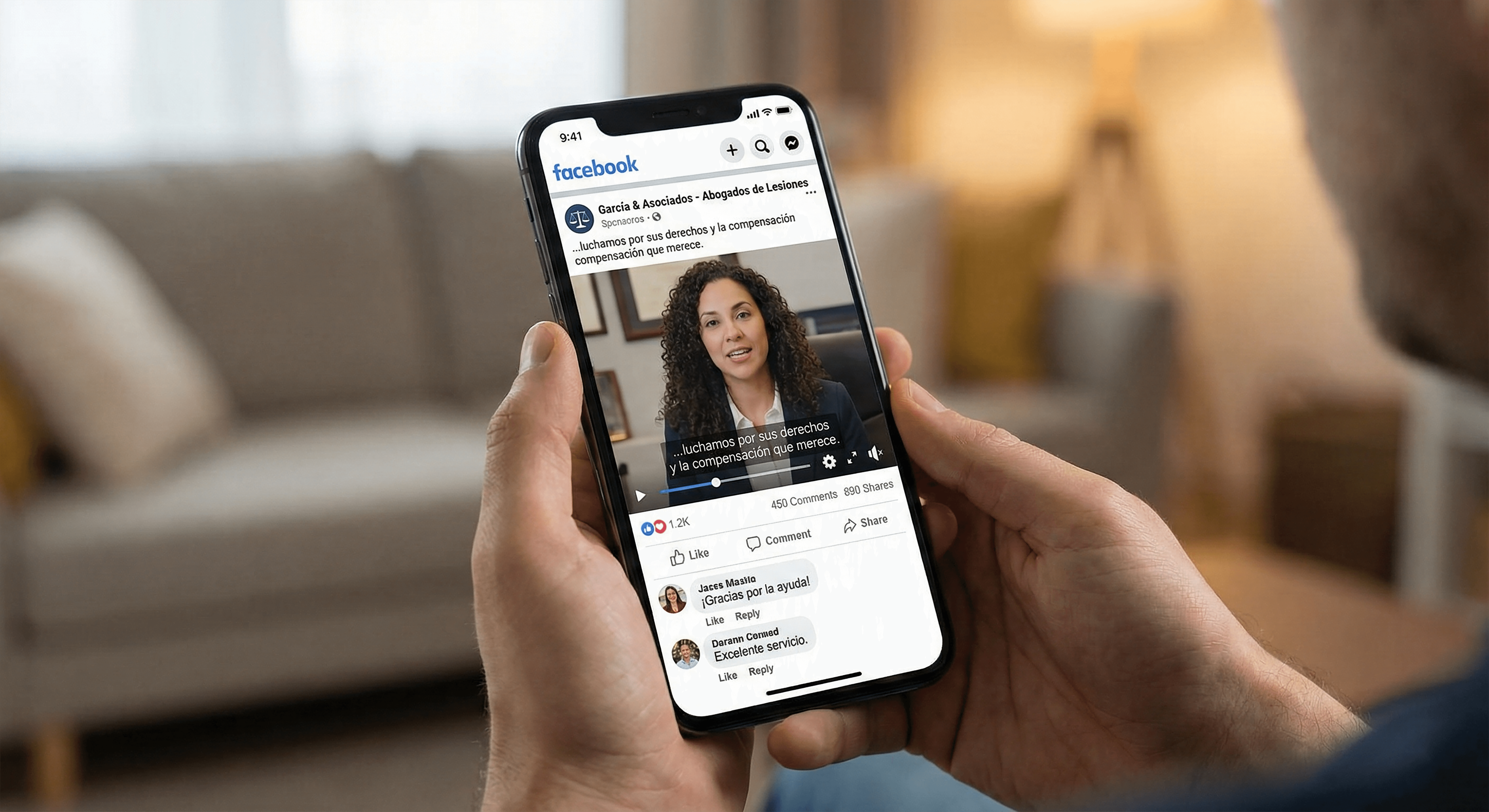 A smartphone screen showing a high-engagement Spanish Facebook ad for a lawyer, a key tactic used by hispanic marketing agencies.png