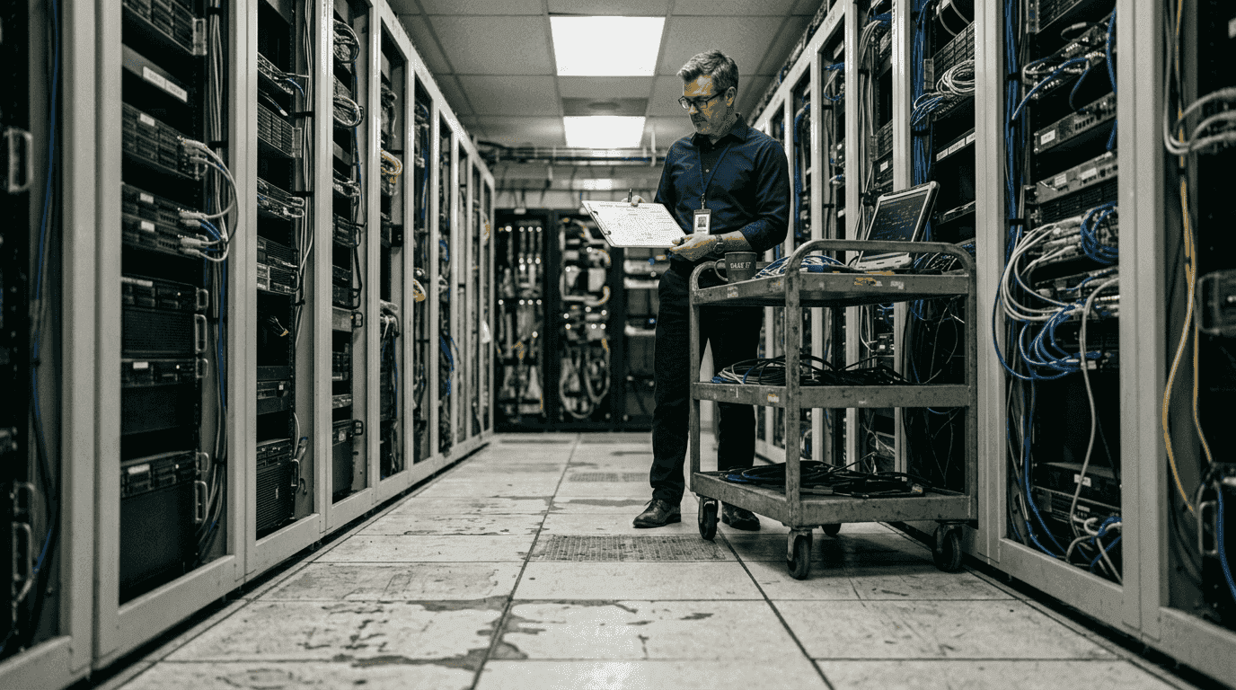 Architect reviewing infrastructure in server aisle