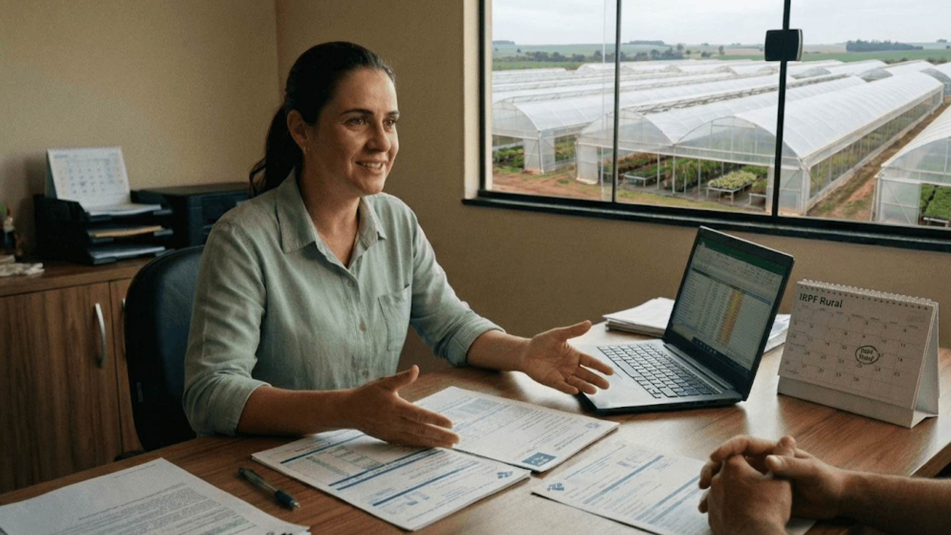 Produtora rural em escritório analisando documentos e planilhas de referência tributária, com estufa agrícola ao fundo, representando organização fiscal e planejamento do Imposto de Renda Rural.