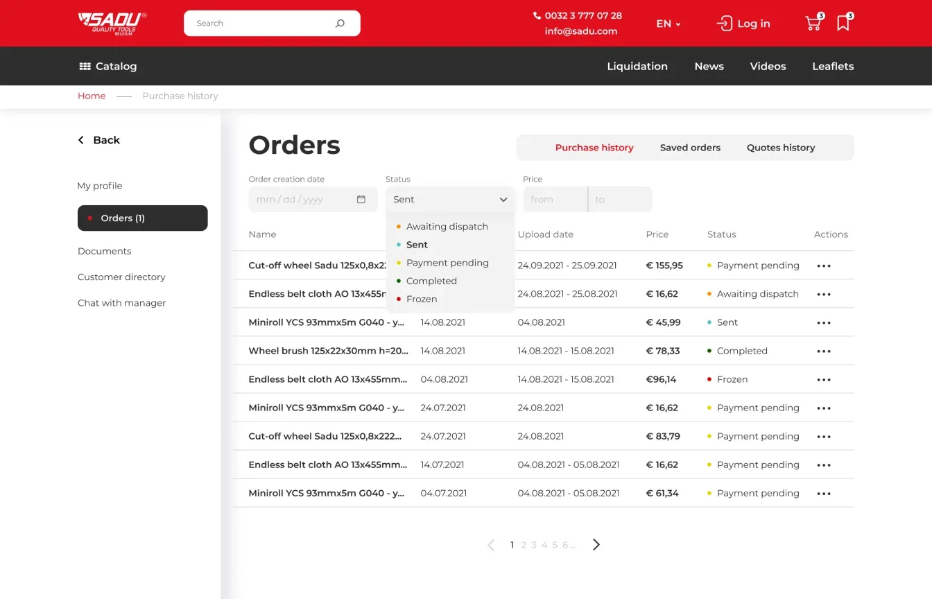 SADU desktop customer order history