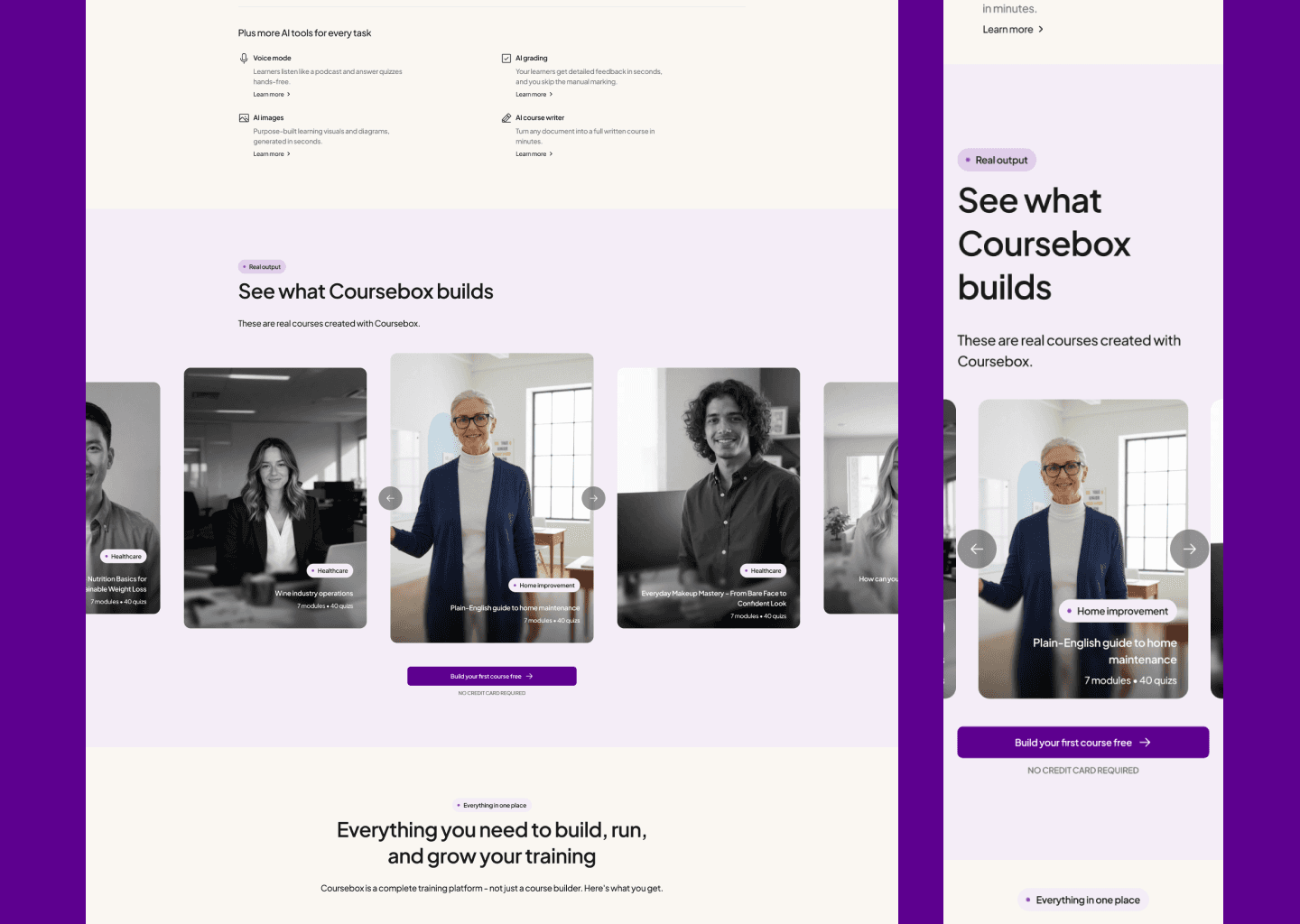 Coursebox AI course platform — homepage redesign final screens