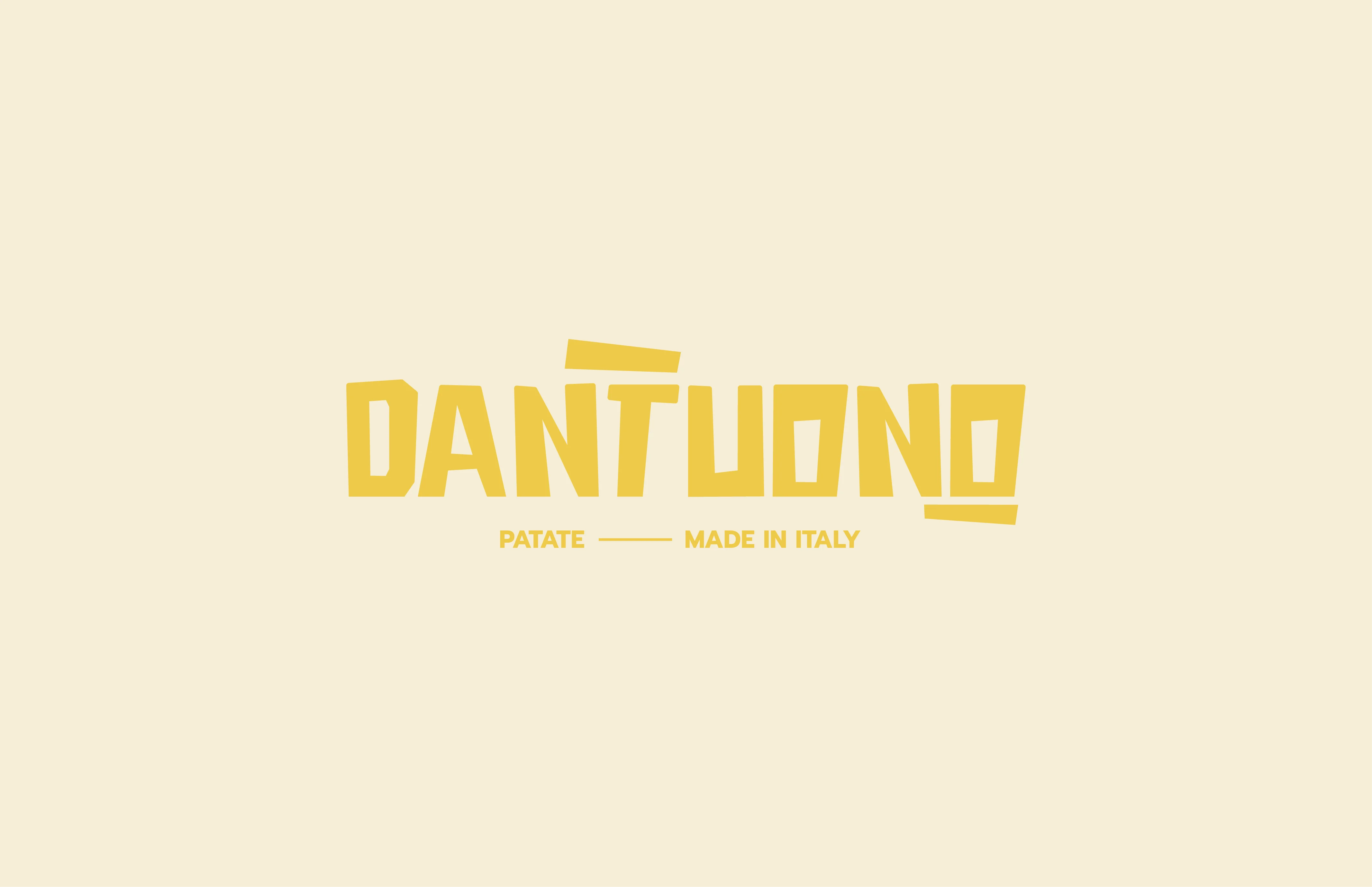 Dantuono logo in yellow ochre for Made in Italy potatoes on cream background.