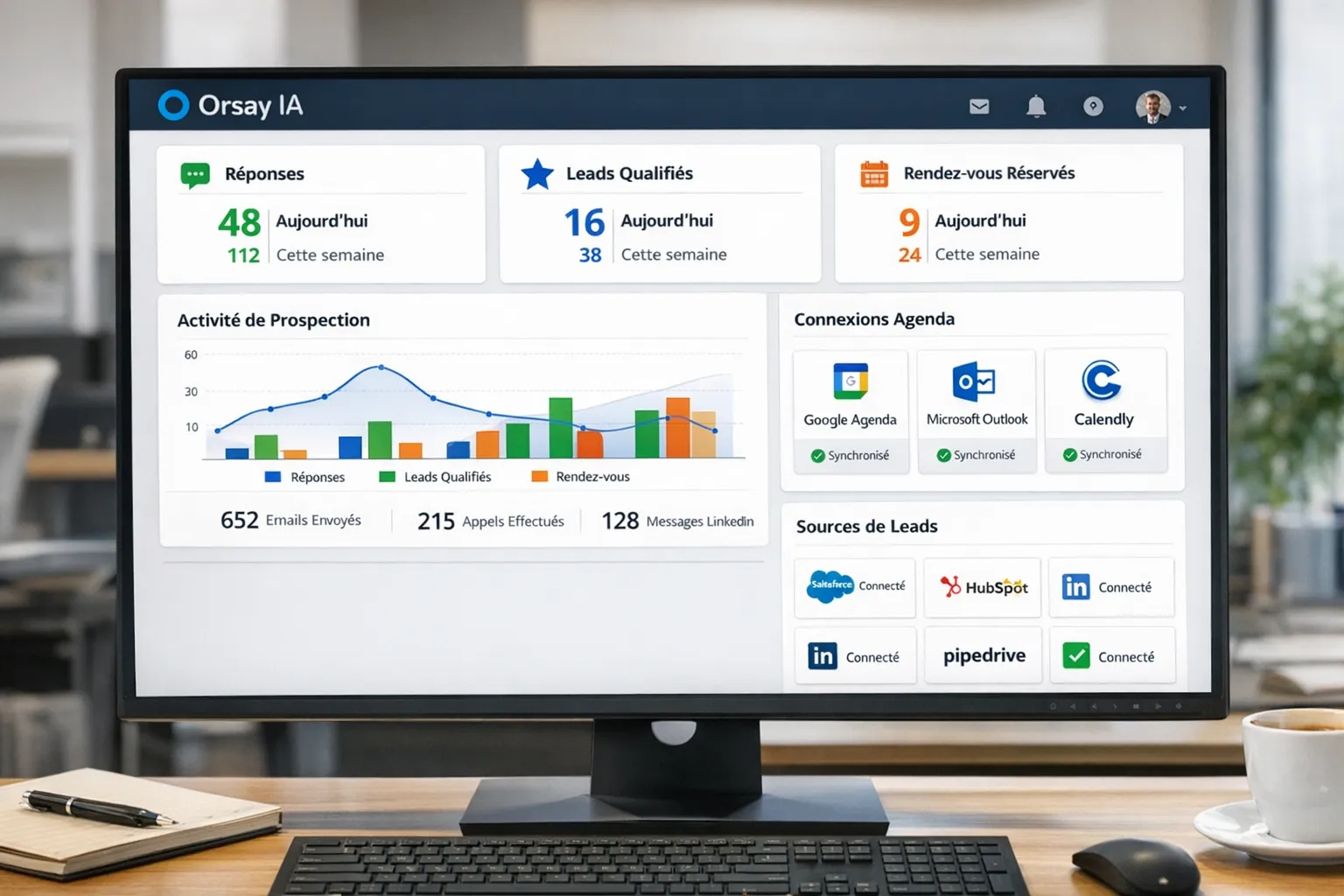 Vue d’ensemble d’un tableau de bord Orsay IA affichant l’activité de prospection, les connexions d’agenda et les intégrations de sources de leads, avec des indicateurs en temps réel de réponses, leads qualifiés et réservations de rendez-vous.
