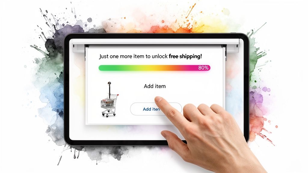 A hand touches a tablet screen showing an e-commerce prompt for free shipping at 80% progress.