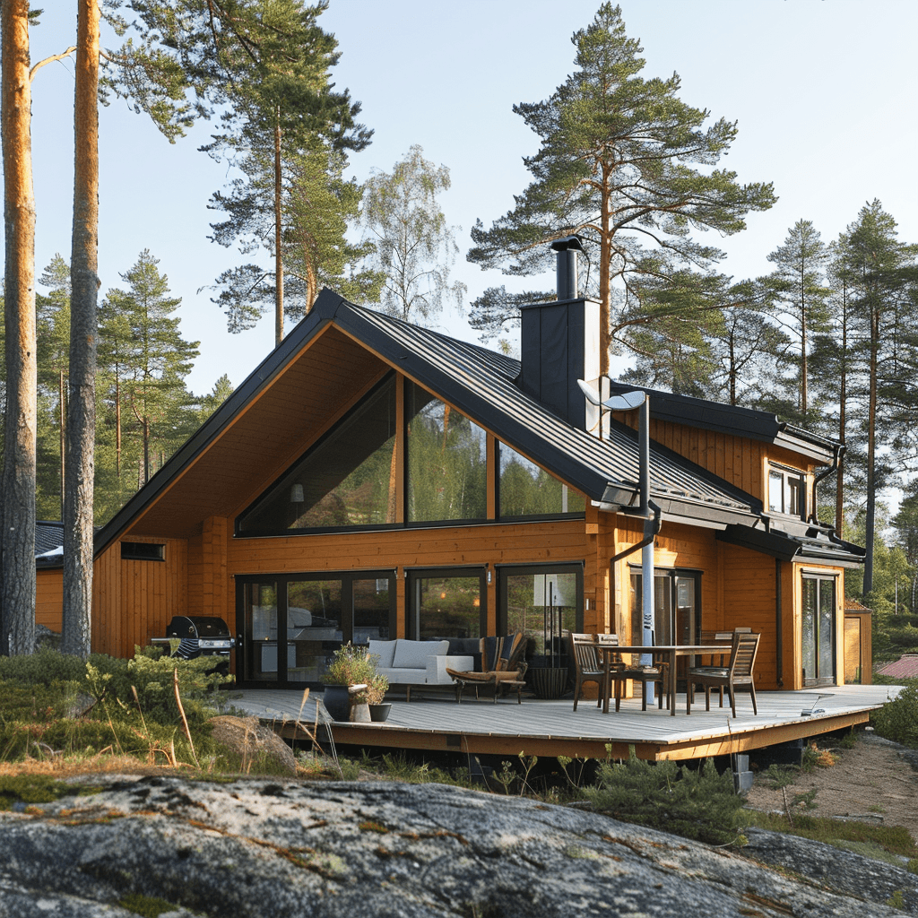 A modern wooden house surrounded by tall trees in a tranquil woodland.