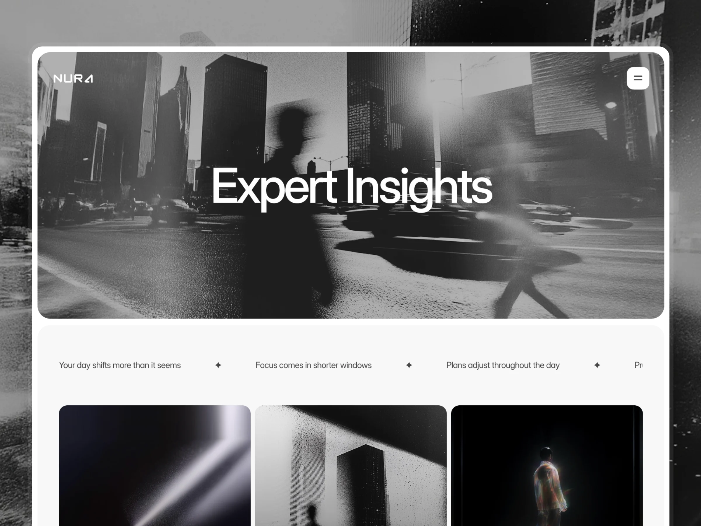 insights page layout with articles and content grid for productivity app