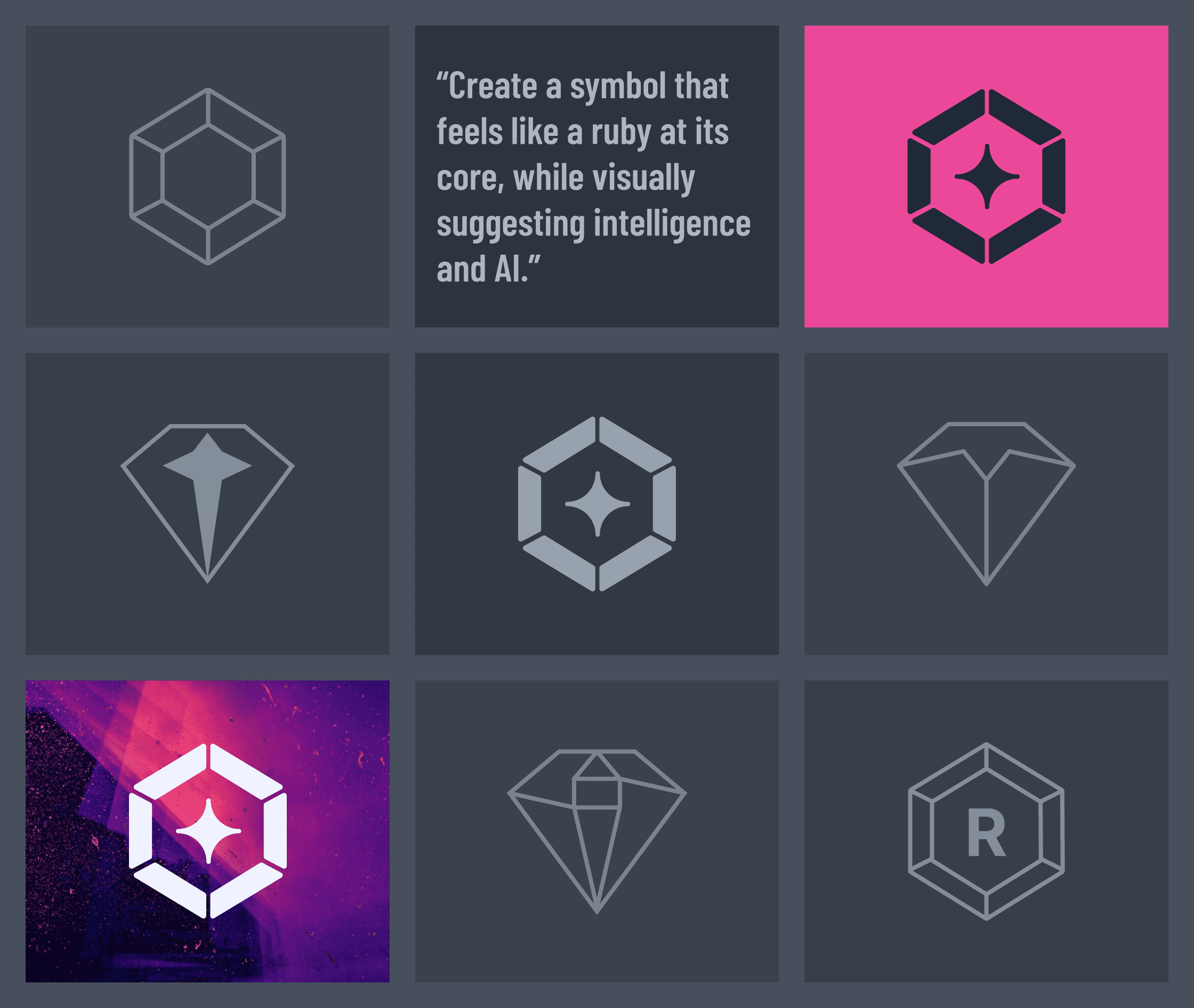 Logo and Visual Identity Exploration for Ruby AI. An AI Pitch Platform