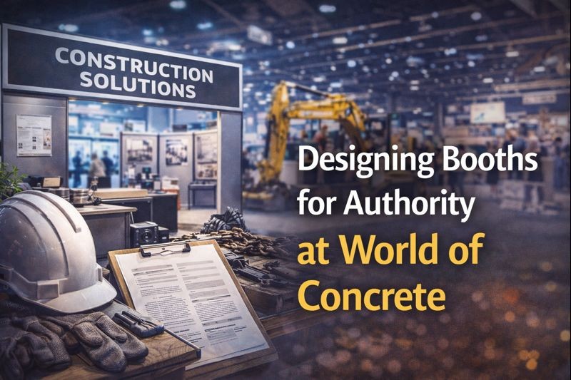 Trade show booth design at World of Concrete focused on authority, clarity, and credibility for construction industry exhibitors