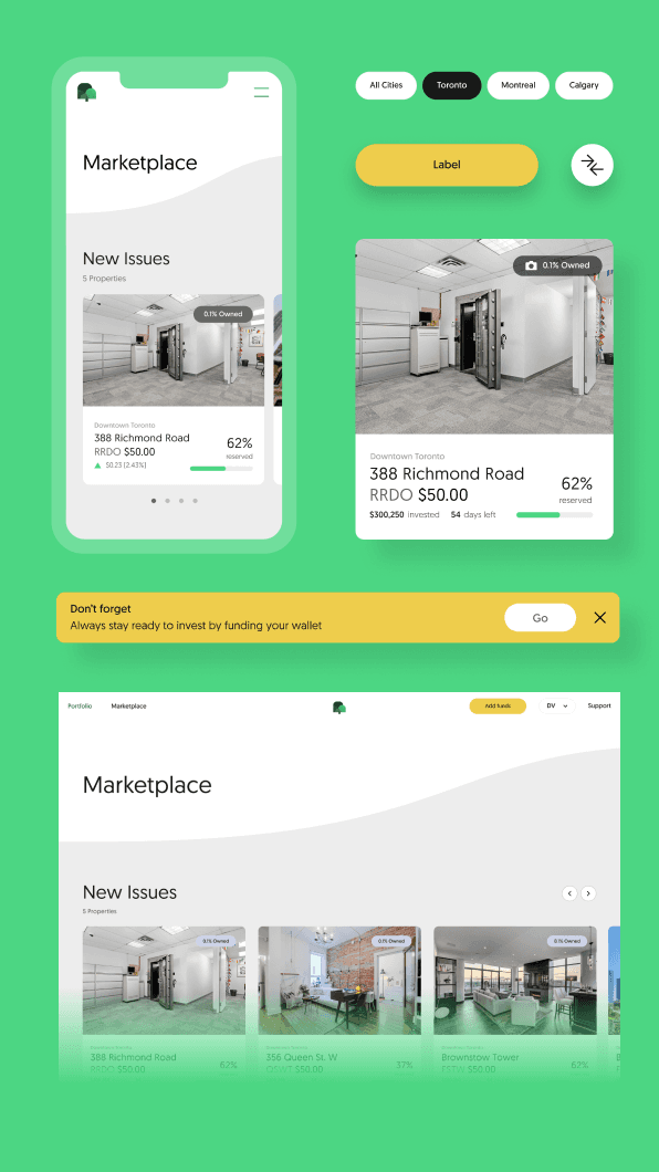 A showcase of Willow’s marketplace interface displayed across mobile and desktop platforms. The design features a clean, modern layout with a green background. On the left, a mobile view highlights property listings under ‘New Issues,’ including details such as location, ownership percentage, price, and reservation status. On the right, the desktop view presents a similar layout with multiple property cards displayed in a carousel. The interface includes navigation options like city filters and actionable prompts such as ‘Add Funds.’ A yellow banner at the bottom reminds users to fund their wallet to stay ready for investments, emphasizing usability and functionality in the design.
