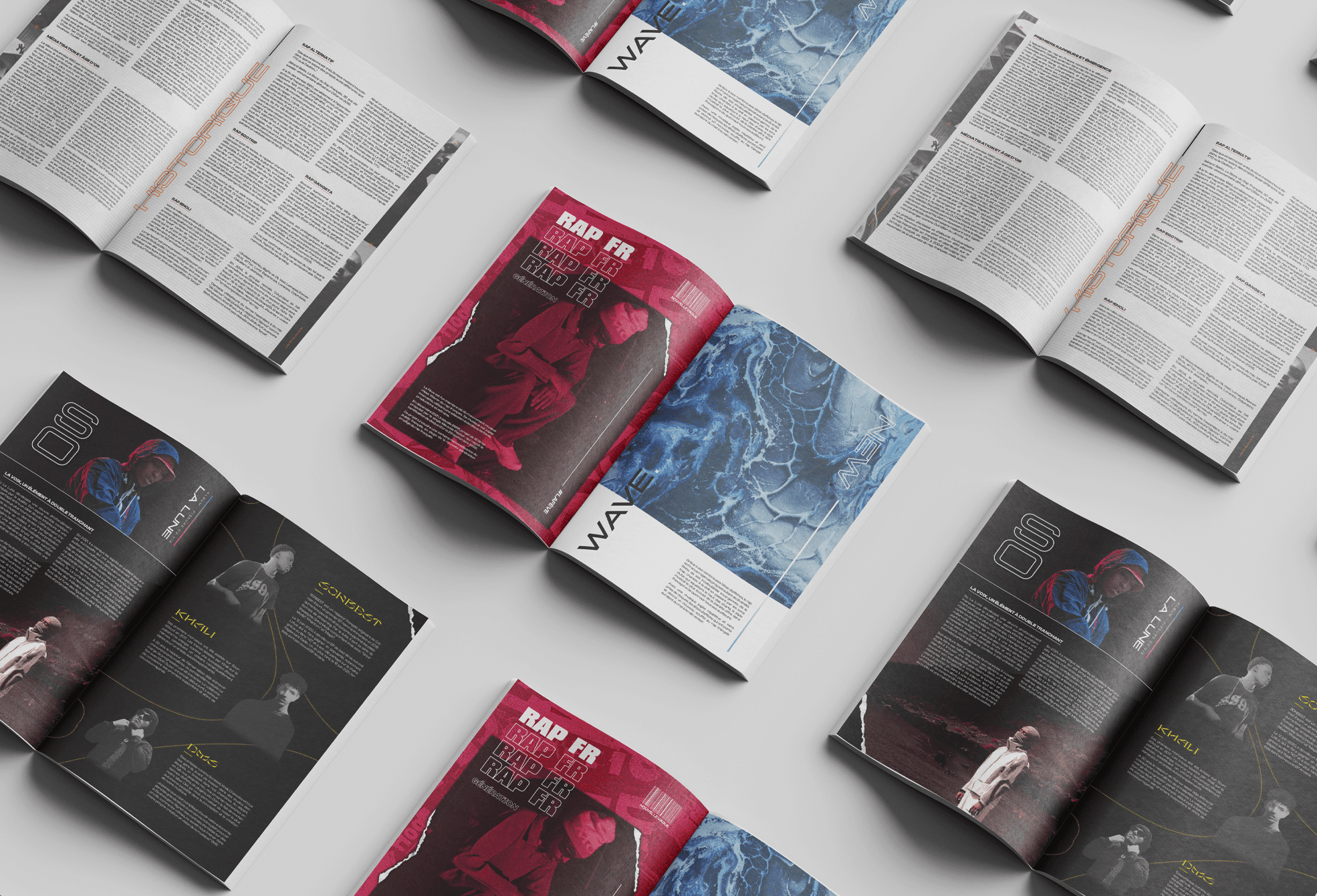 Vue d’ensemble du fanzine Rapzine, direction artistique et design éditorial du projet.