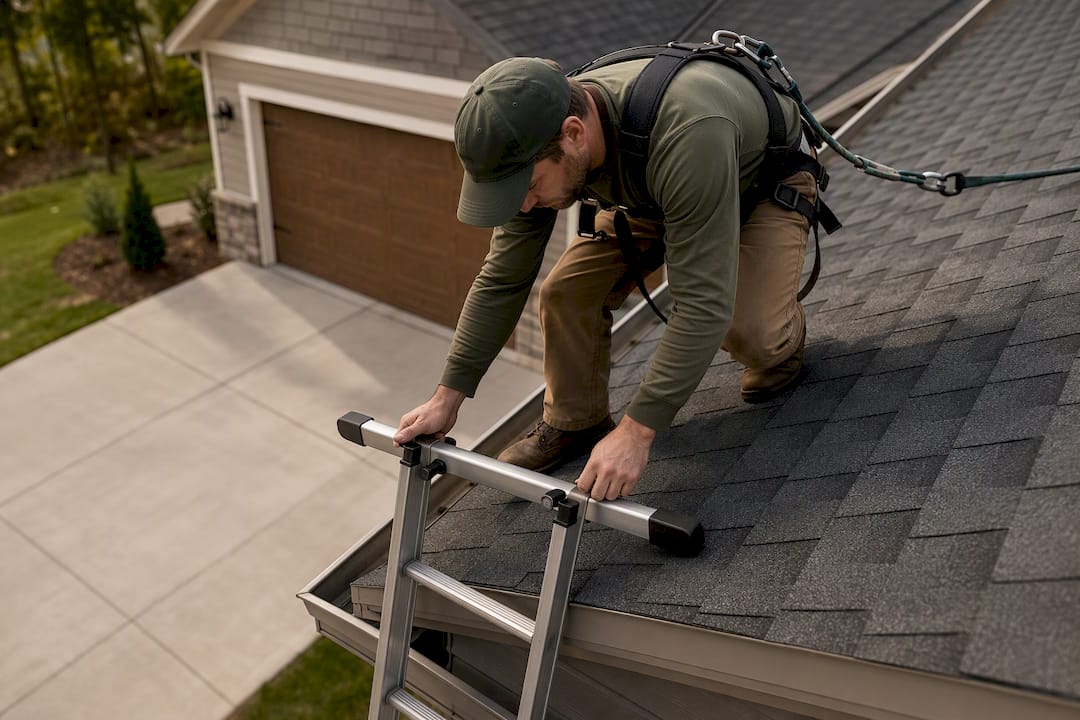 Roofer securing ladder and safety harness