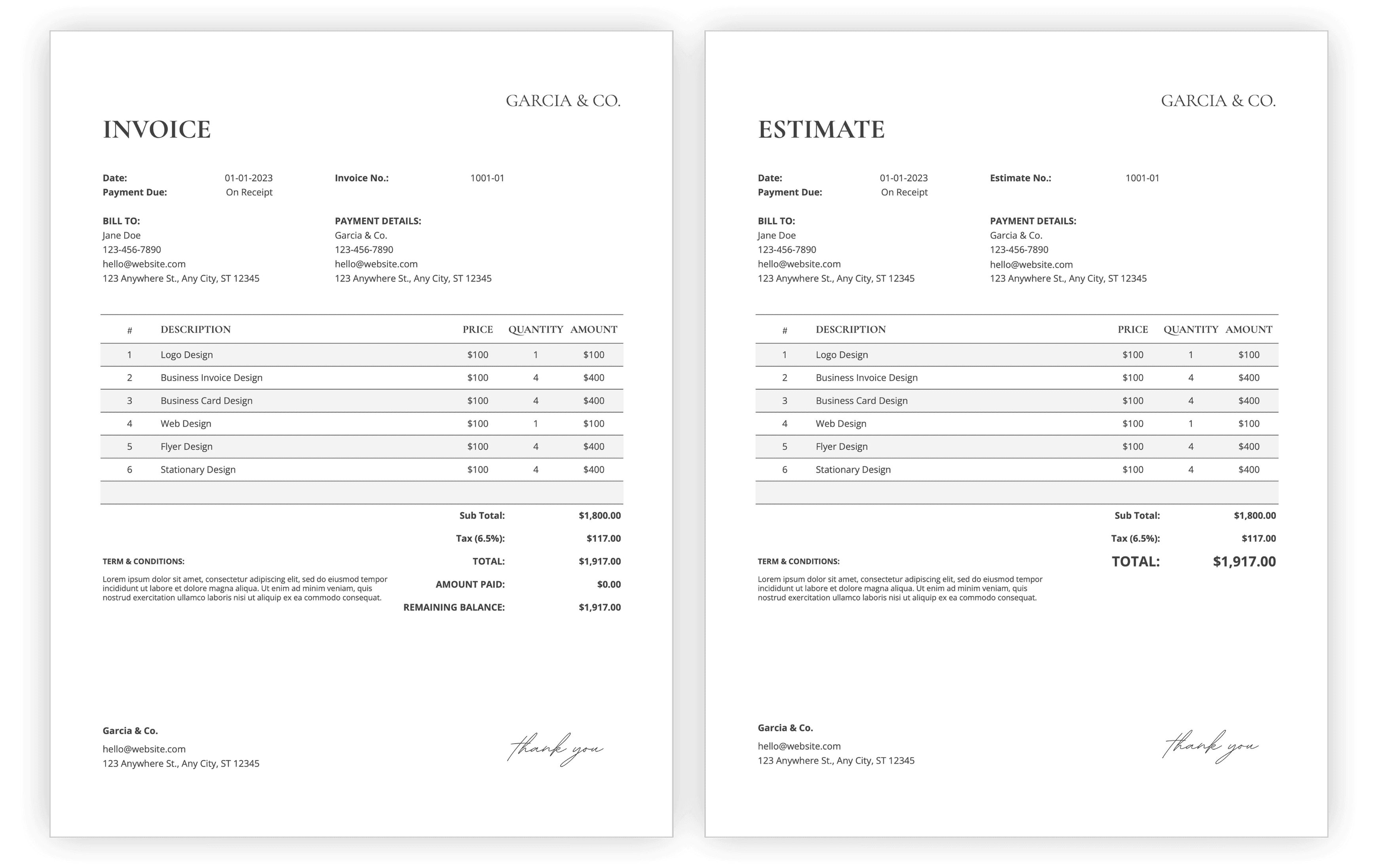 Professional business invoice and estimate templates side-by-side mockup in clean modern design with green accents – Mighty Template