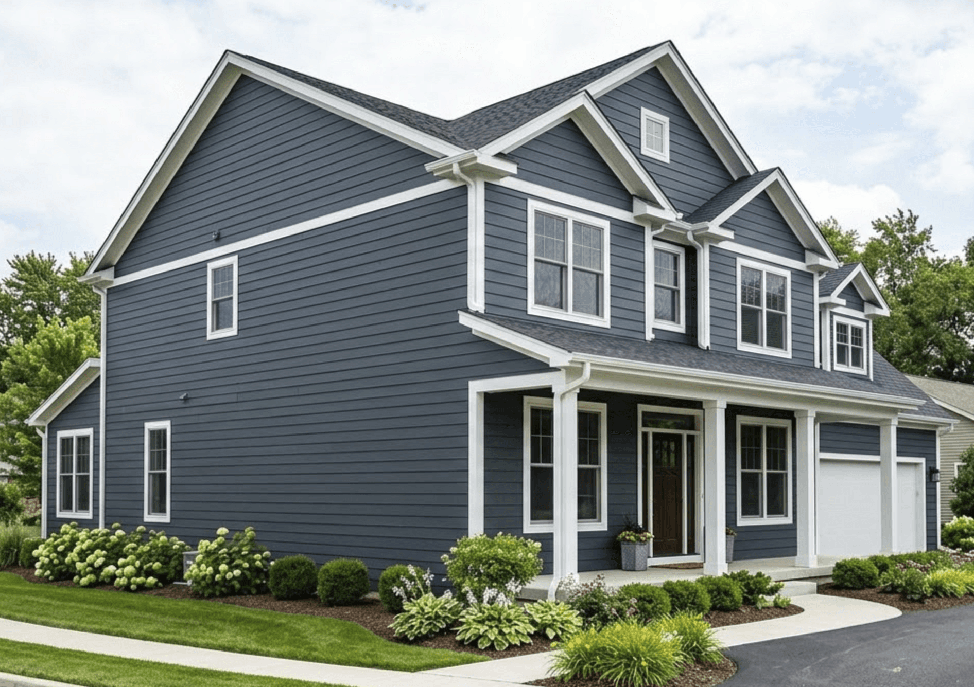 A bluish gray home with white trim, with brand new hardie board siding installed by Wells Built Roofing 