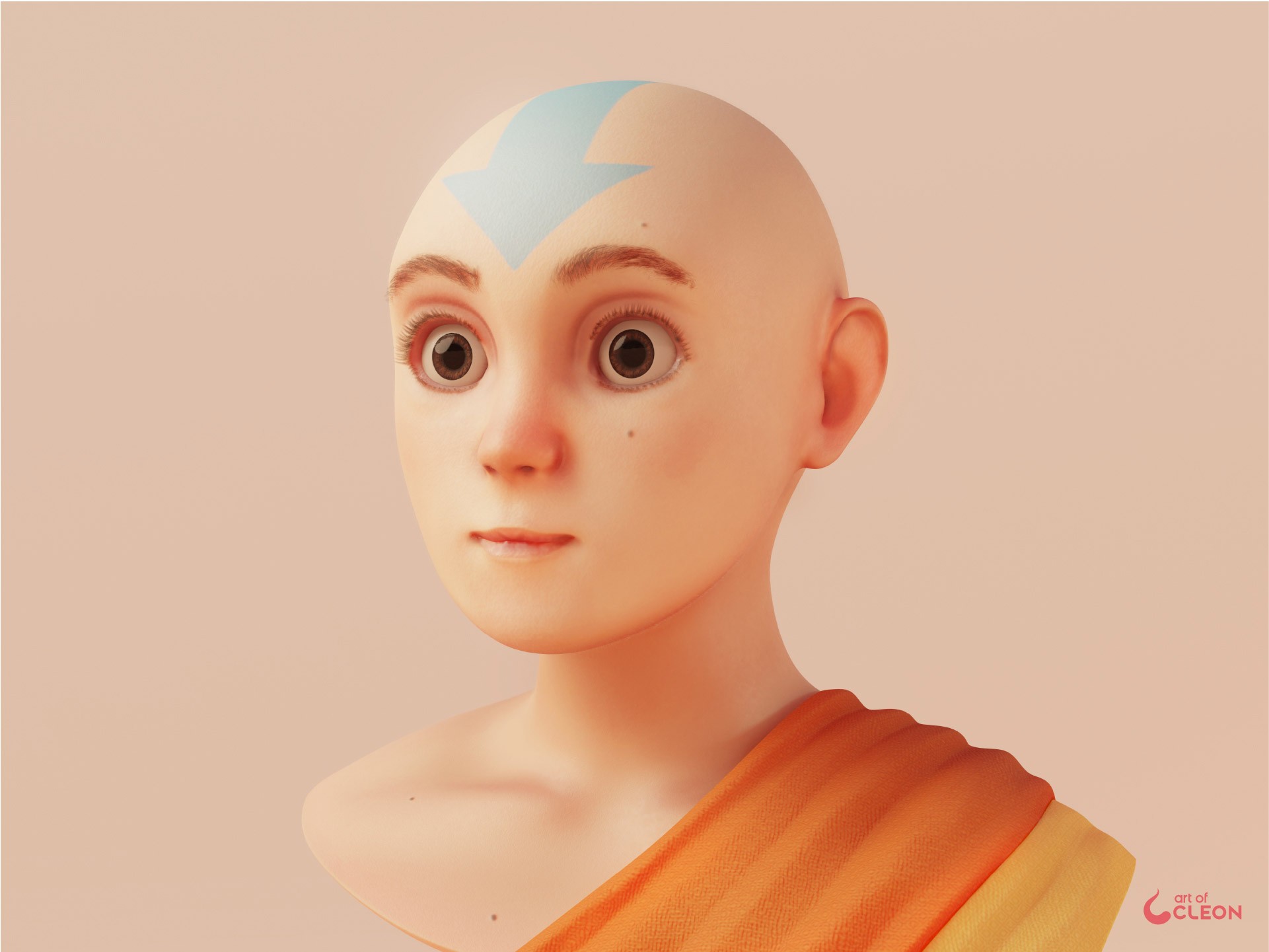 Close-up of Aang in his neutral state, with textured skin, brown eyes, blue arrow, and orange robes.