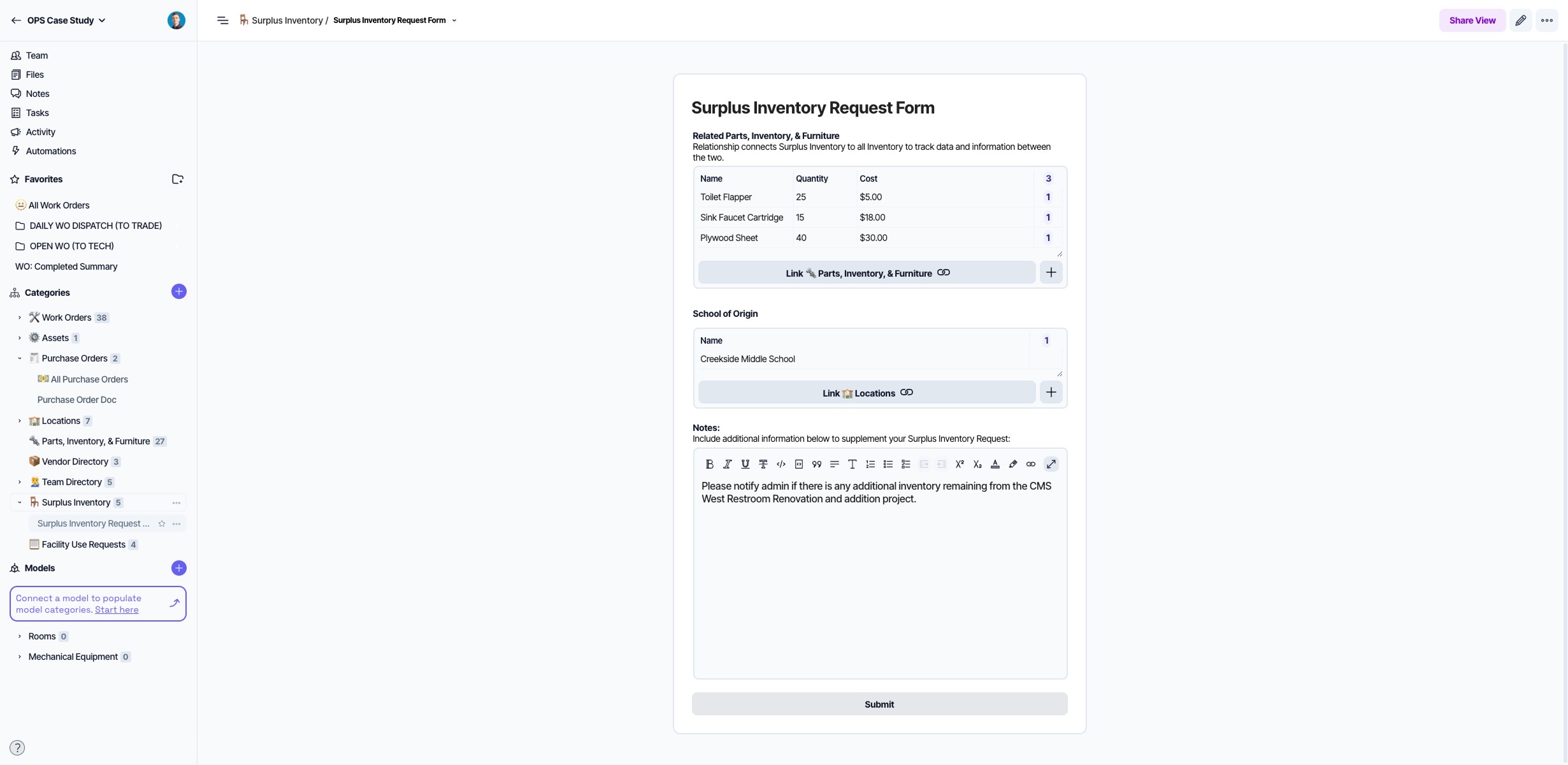 Surplus Inventory Request form that can be sent to anyone by hyperlink to fill in information to submit a request, regardless of whether they have a Layer account or not.
