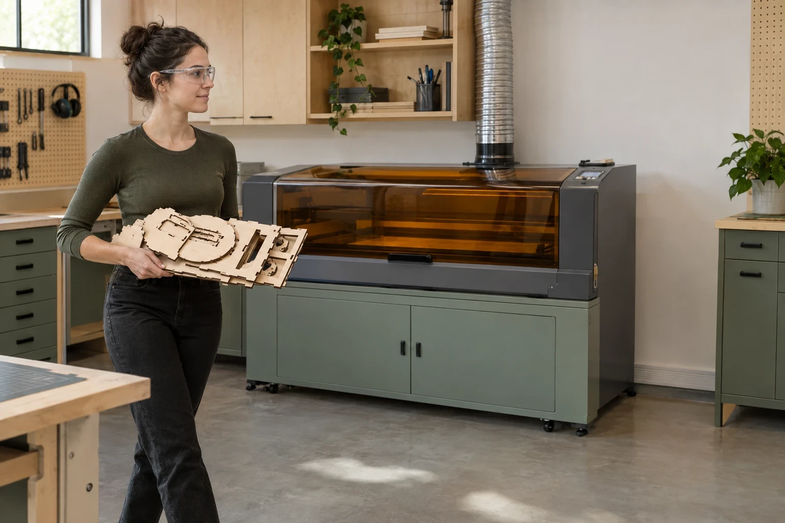 Mitglied mit fertigen Holzteilen neben einem geschlossenen Lasercutter