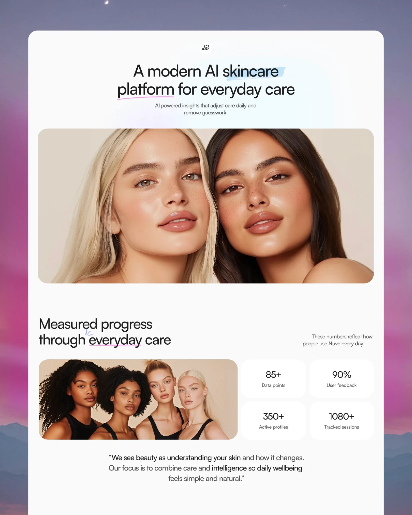 SYNÉ daily-care stats and brand mission with real user imagery — web design by Luna UI design studio