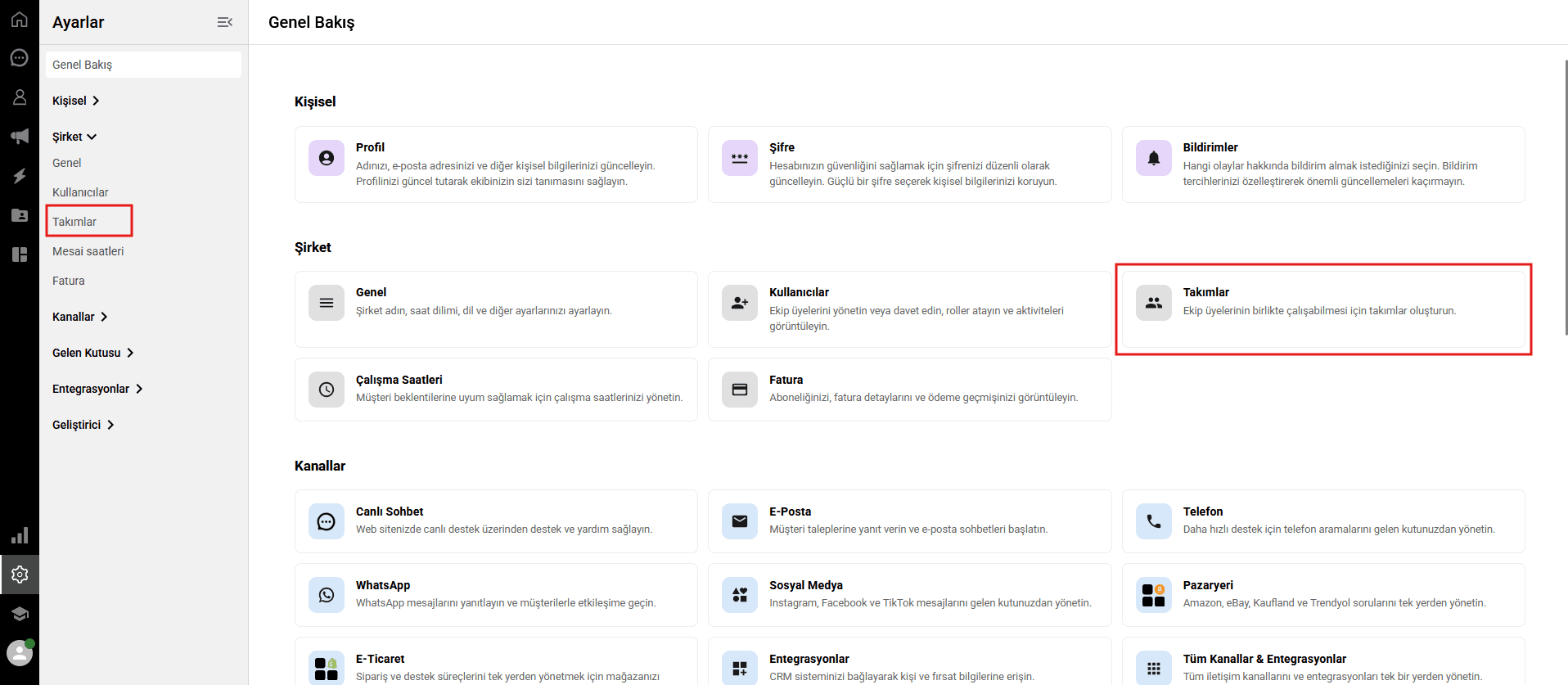 Screenshot of the Settings Overview page highlighting the Teams card under the Company section