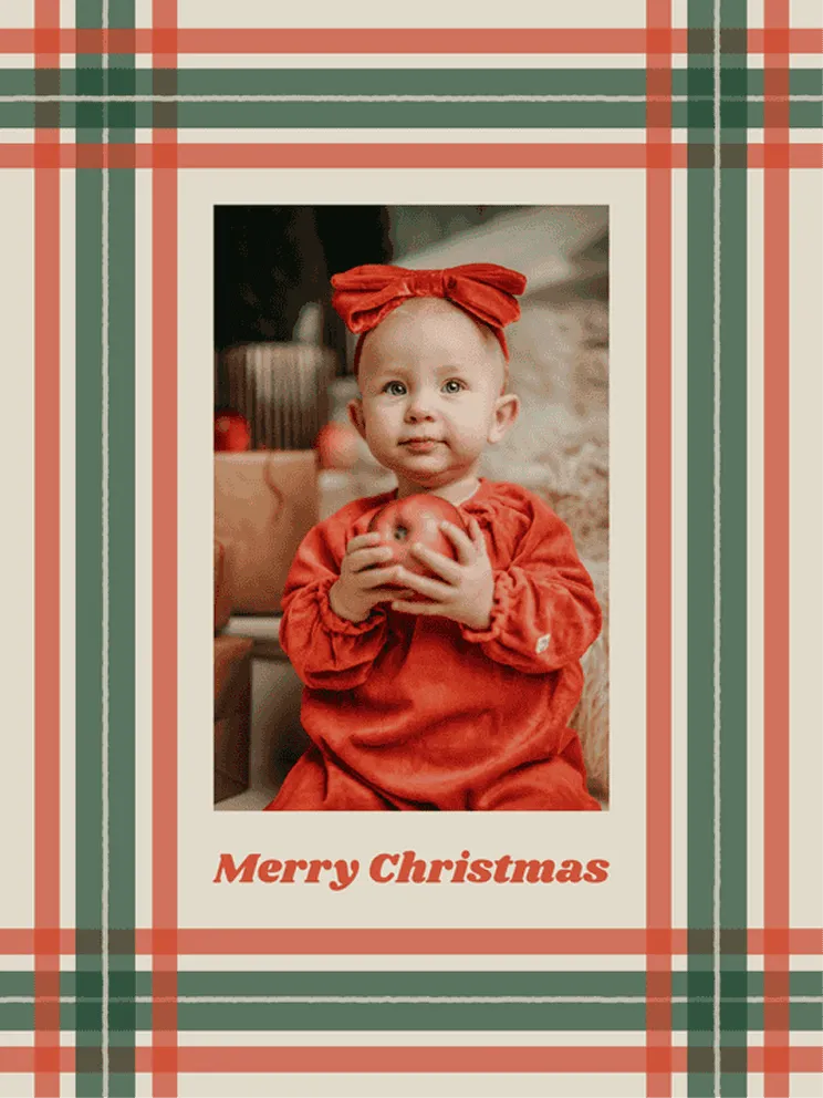 Plaid 'Warm Wishes' holiday card template with two family photos by a fireplace