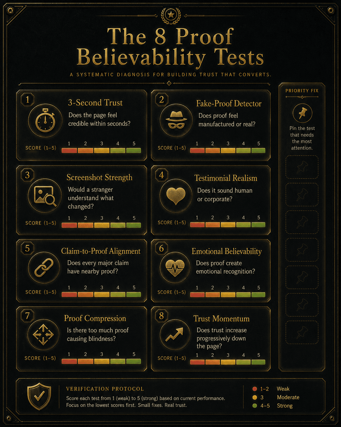 “The 8 Proof Believability Tests” Concept: A minimalist, eight-panel diagnostic dashboard. Each panel represents one test with an icon, core question, and score gauge:  Test 1 (3-Second Trust): Icon: stopwatch — “Does the page feel credible within seconds?” — Gauge 1-5  Test 2 (Fake-Proof Detector): Icon: mask/spy — “Does proof feel manufactured or real?” — Gauge 1-5  Test 3 (Screenshot Strength): Icon: image with magnifying glass — “Would a stranger understand what changed?” — Gauge 1-5  Test 4 (Testimonial Realism): Icon: speech bubble with heart — “Does it sound human or corporate?” — Gauge 1-5  Test 5 (Claim-to-Proof Alignment): Icon: link/chain — “Does every major claim have nearby proof?” — Gauge 1-5  Test 6 (Emotional Believability): Icon: wave/heart — “Does proof create emotional recognition?” — Gauge 1-5  Test 7 (Proof Compression): Icon: compressed diamond — “Is there too much proof causing blindness?” — Gauge 1-5 (inverted)  Test 8 (Trust Momentum): Icon: upward arrow — “Does trust increase progressively down the page?” — Gauge 1-5  Style: Glass-morphism, dark background. Each panel is a translucent card with gold foil text. Red/yellow/green gauge indicators.  Interaction: Hovering any panel expands a detailed explanation of that test, including diagnostic questions and weak/strong signals. Adjusting any gauge updates a master scorecard. Clicking the panel pins it to a “Priority Fix” sidebar.