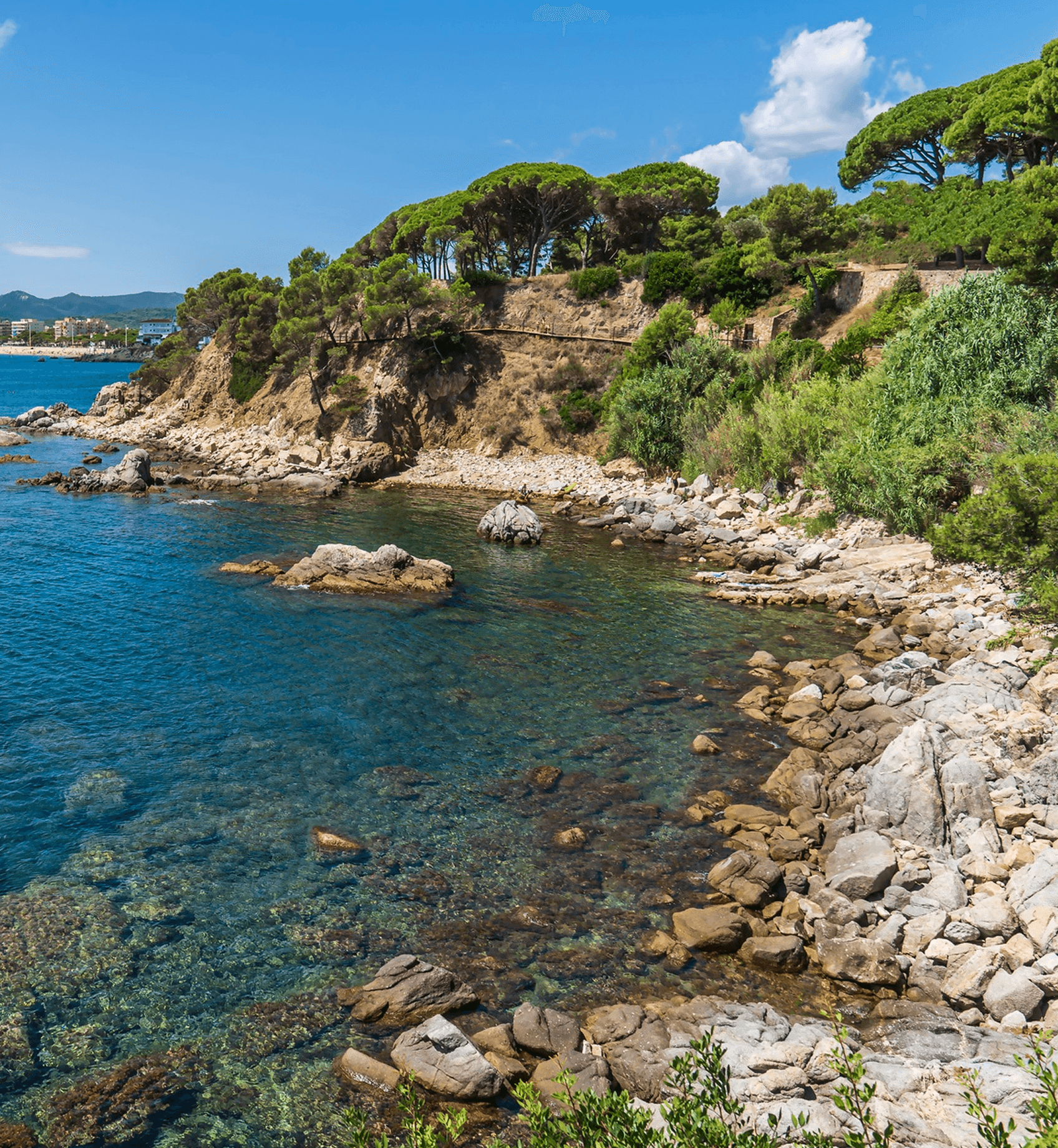 Rocky Spanish coastline with clear turquoise water and green cliffs under a blue sky.