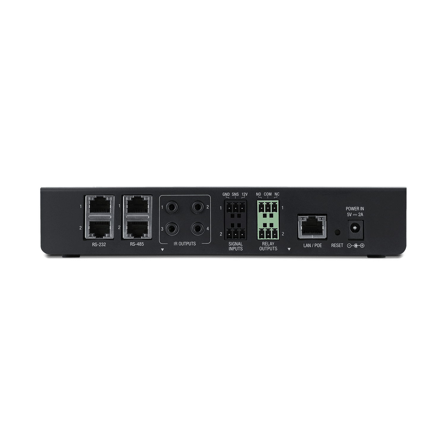 Device back panel with ports: RS-232, RS-485, IR outputs, signal inputs, relays
