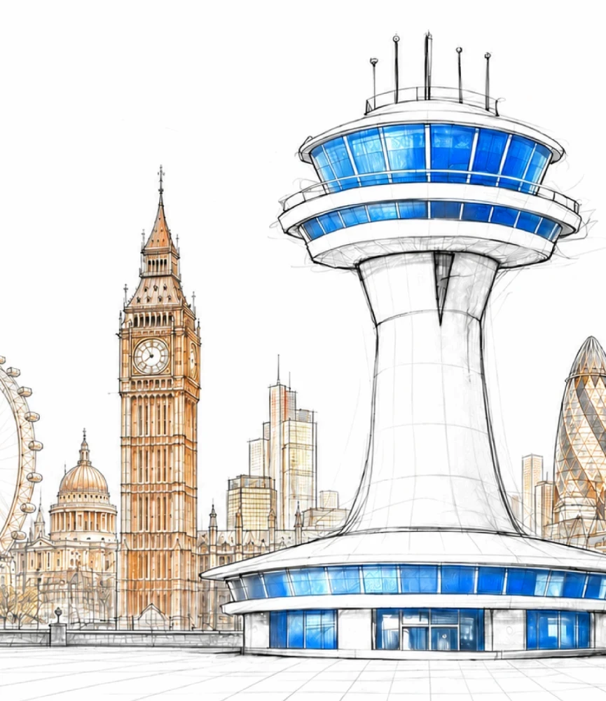 Illustration of a futuristic cityscape with landmarks like Big Ben, London Eye, a modern control tower, and airplane in flight. Sketched in monochrome, blue accents.