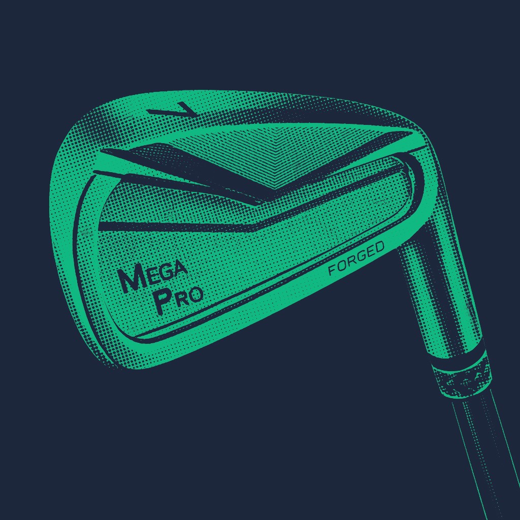 Detailed green halftone illustration of the back of a forged 7-iron golf club head.