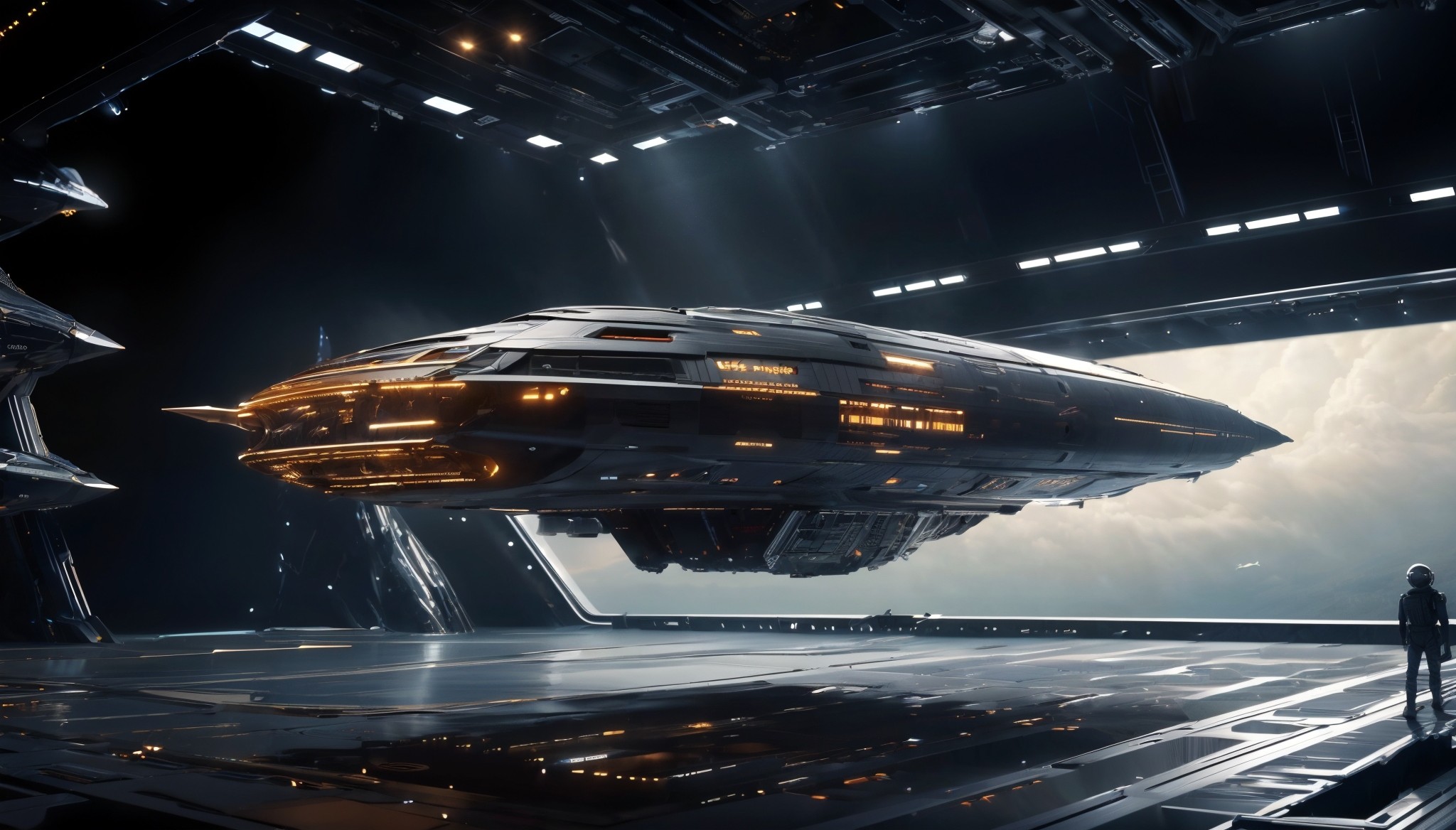 A futuristic sci-fi spaceship departing from the launch bay of a space station
