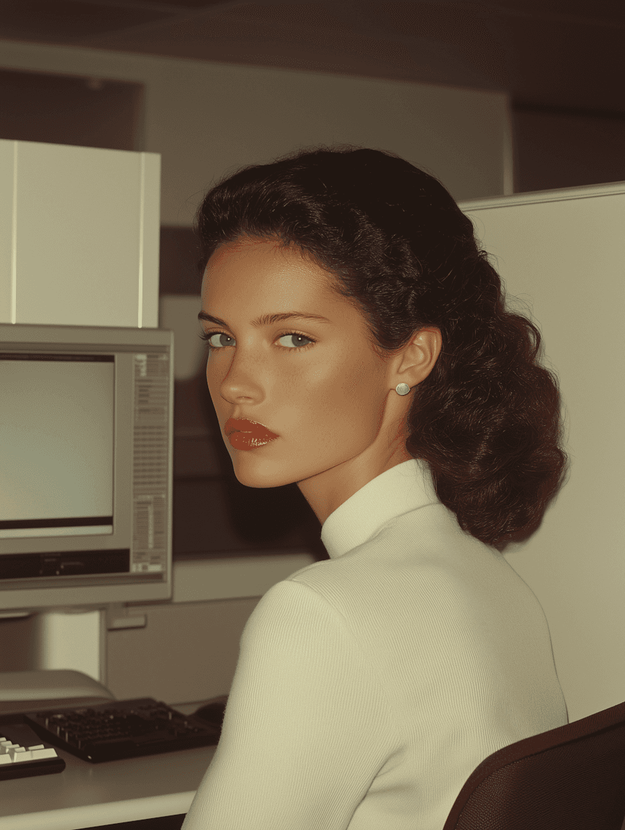 Retro-style woman sitting by a vintage computer in an office.