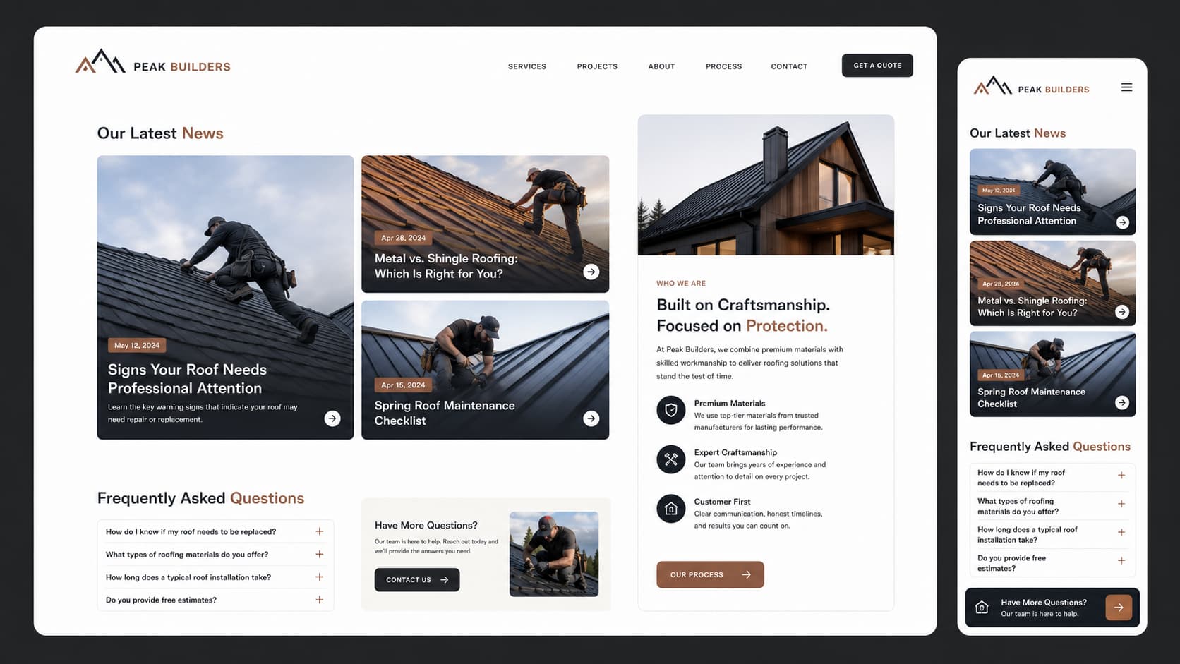 Frummerin Digital website design for contractors mockup featuring a modern roofing company blog and FAQ section with desktop and mobile responsive layouts in a premium dark-themed presentation.