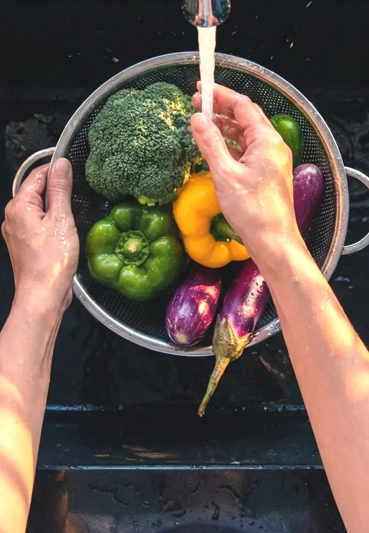washing vegetables in a steel strainer