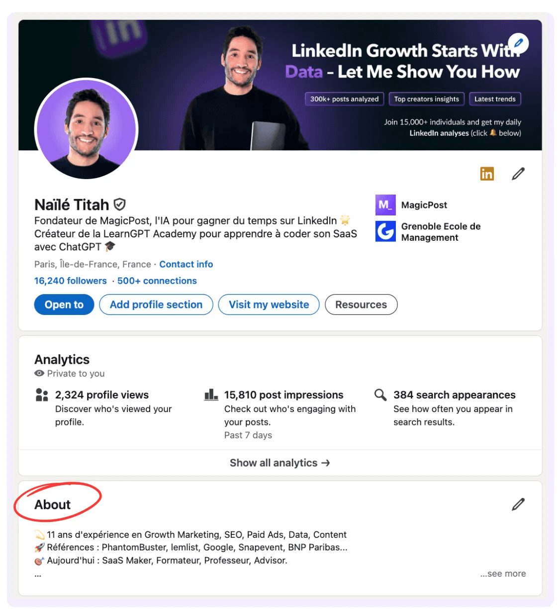 where to find the about me section on LinkedIn
