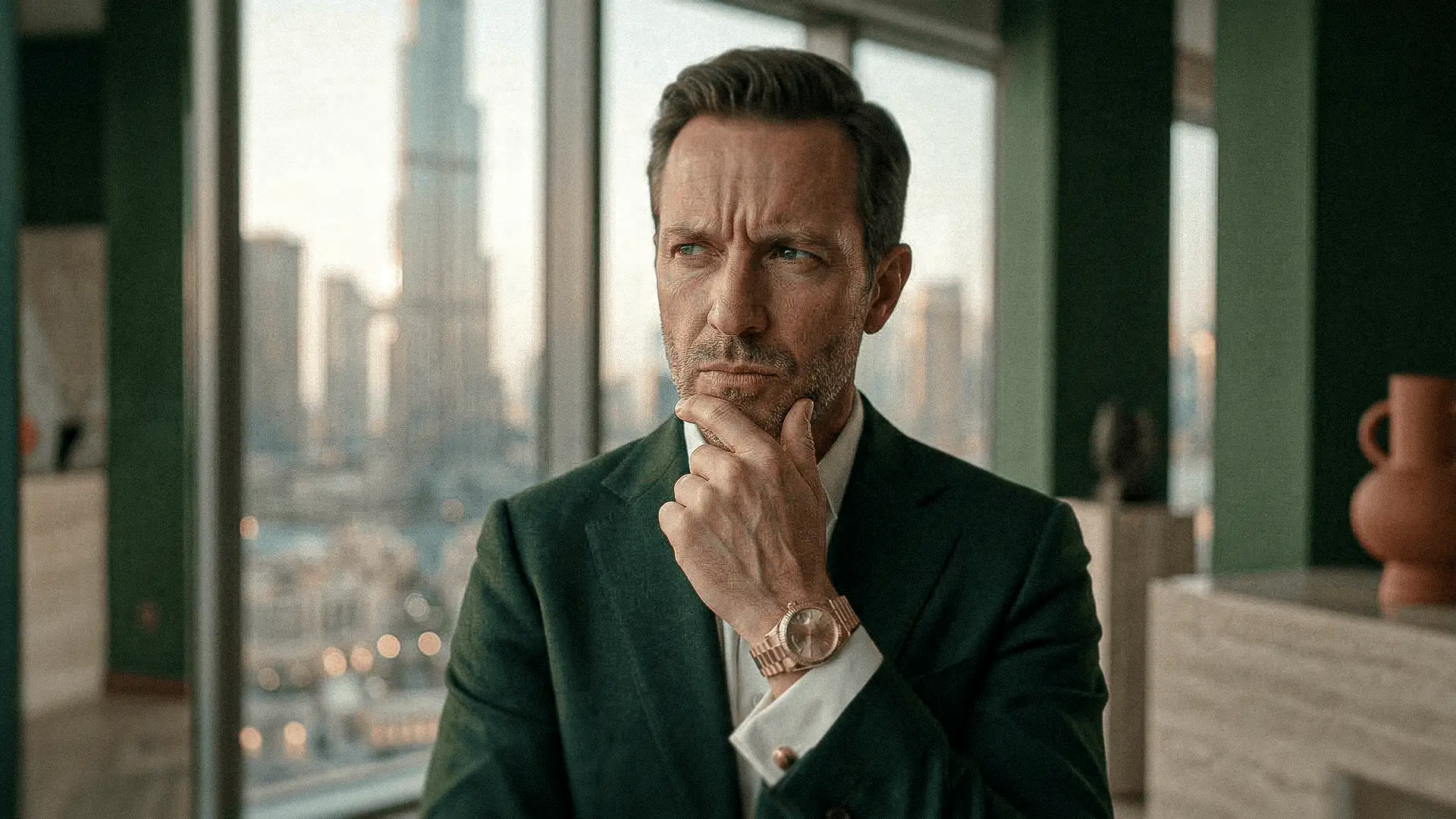 Perfil de inversor analizando oportunidades de inversión inmobiliaria en ciudad moderna.