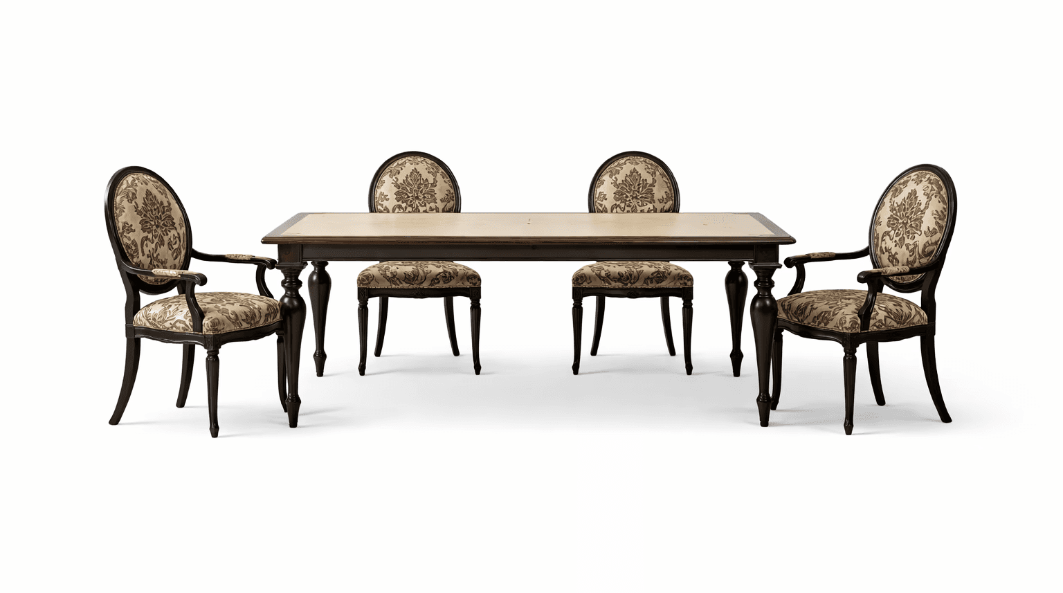 Dark wood dining table with ornate chairs, creating a rich and stately dining atmosphere