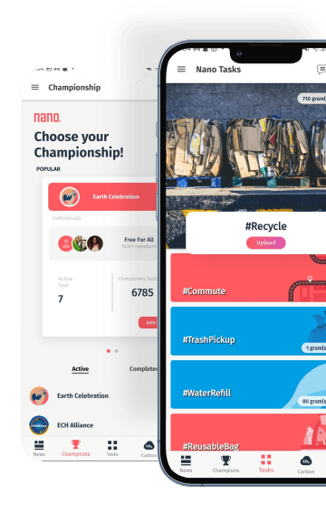 Mobile interface of NANO platform providing access to personal sustainability metrics and reward redemption options