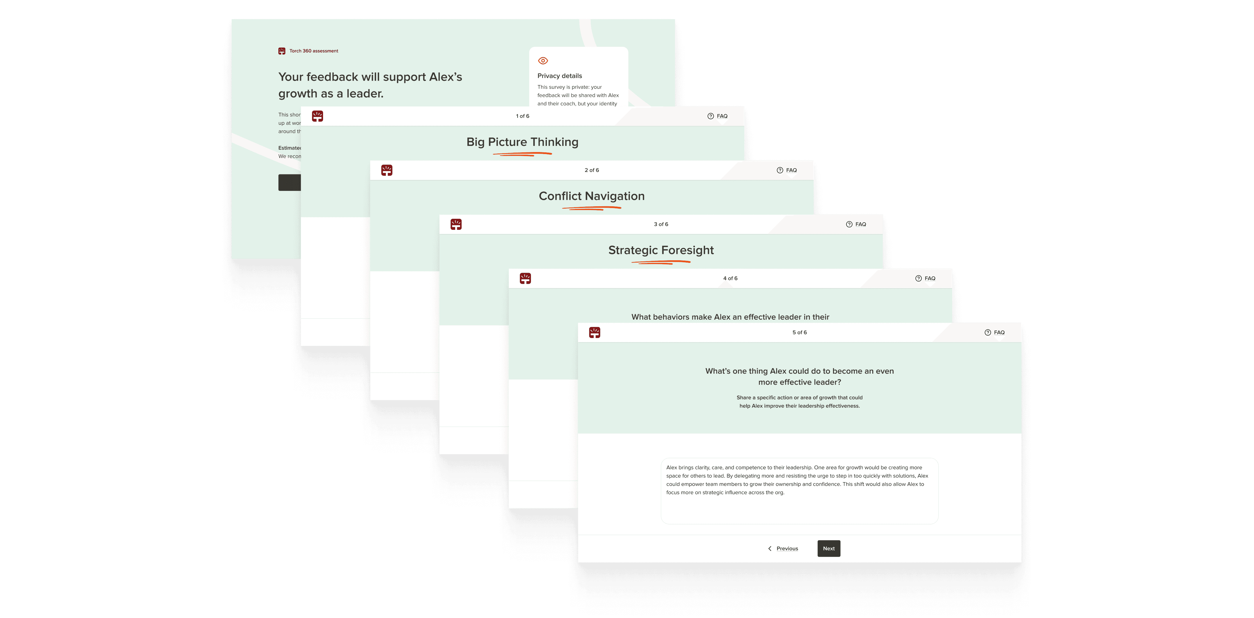 Collage of survey interface from redesigned Torch 360 assessment.