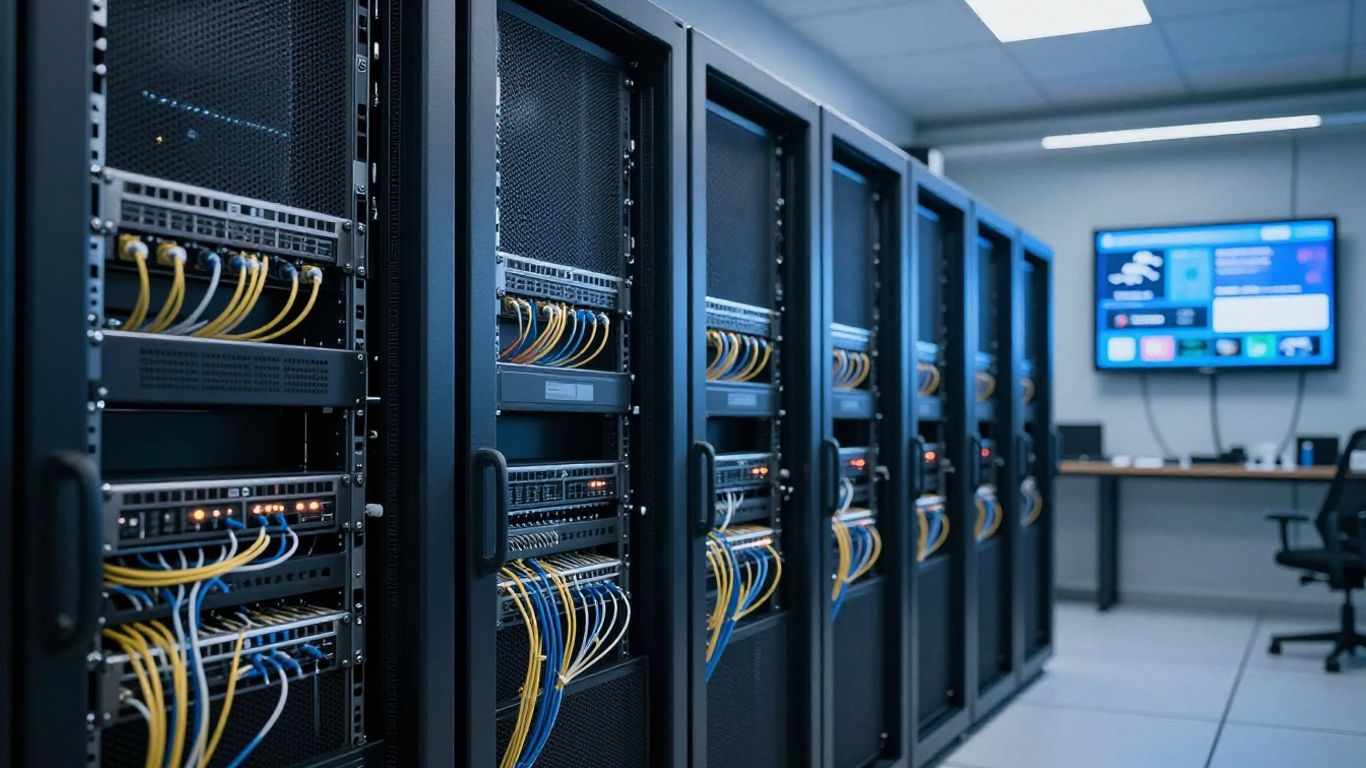 Server room with streaming devices and network cables